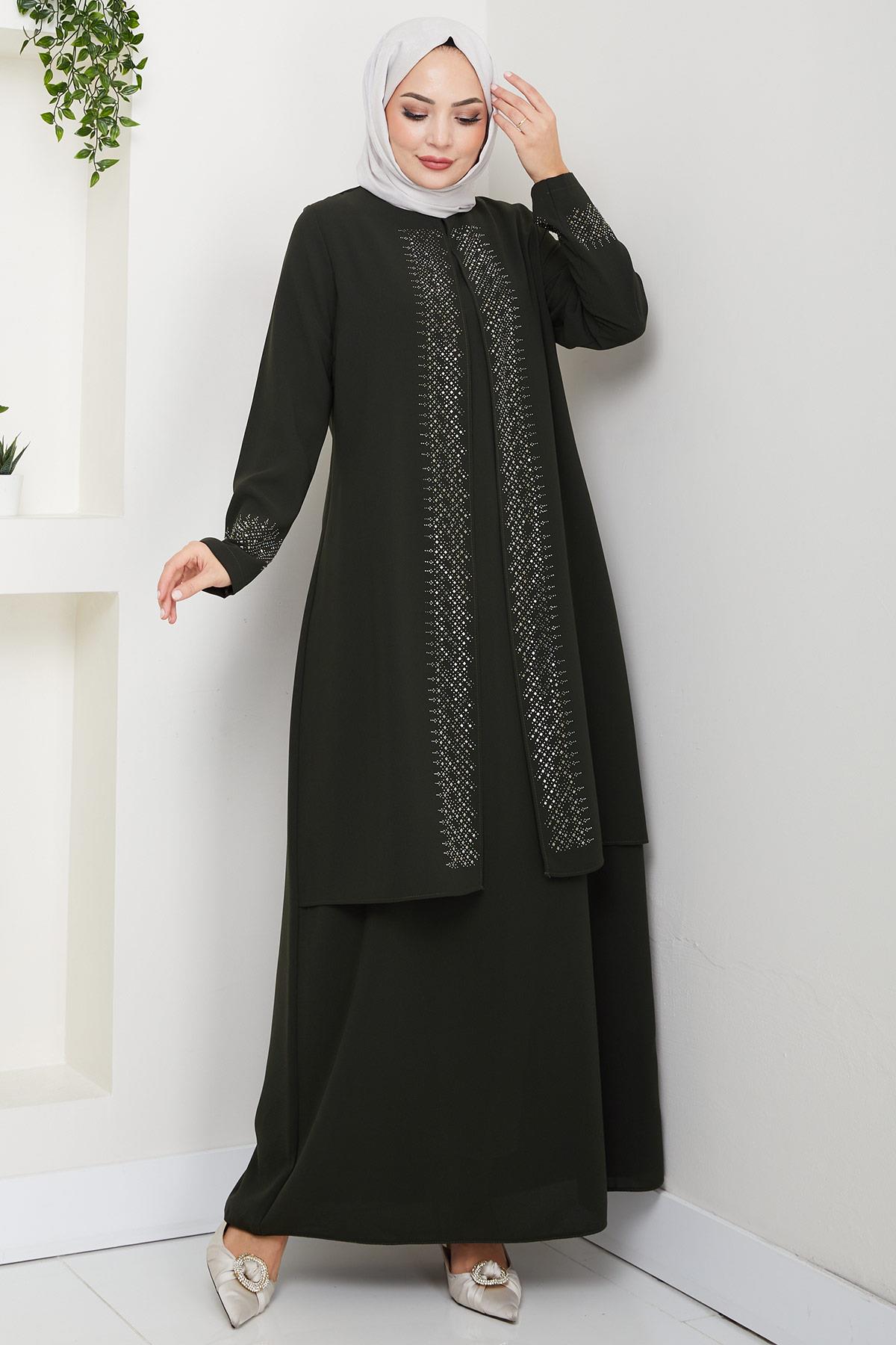 Parlak Taşlı Büyük Beden Anne Elbisesi Haki HM2856