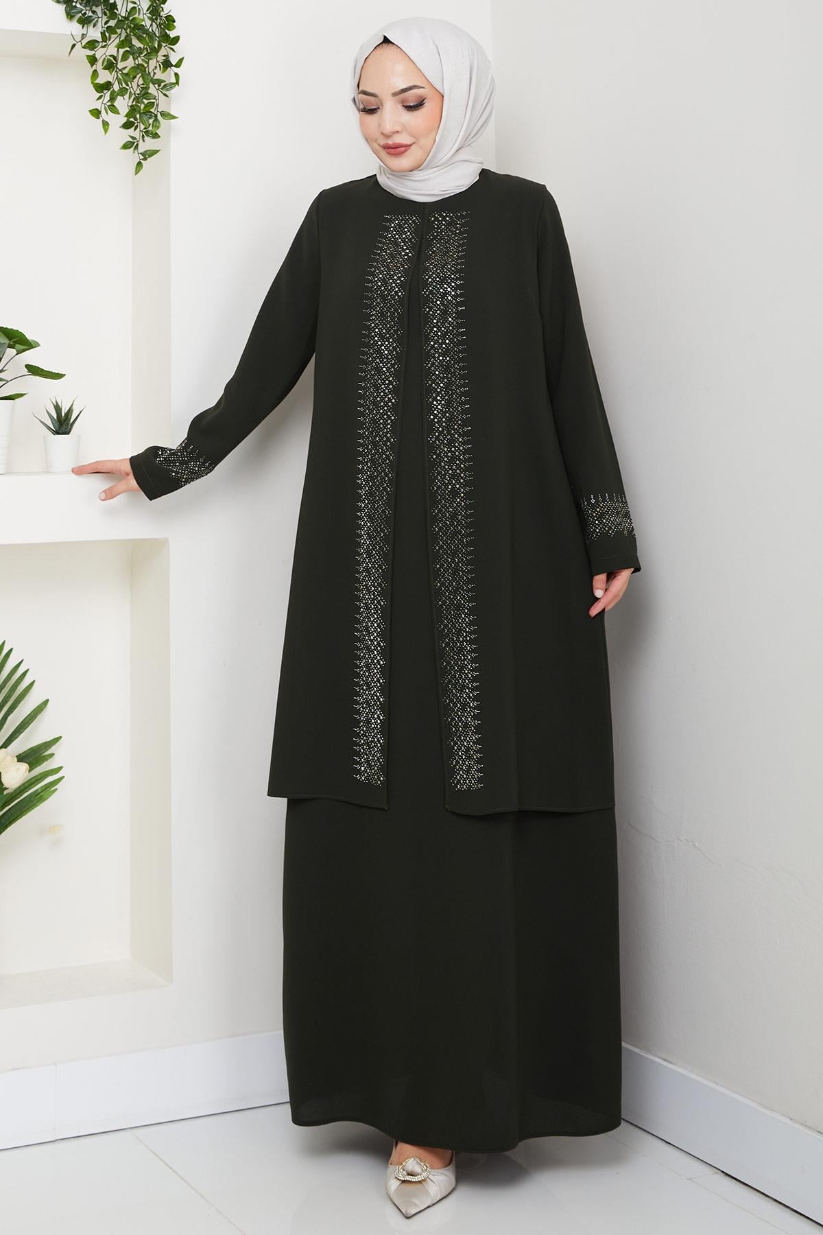 Parlak Taşlı Büyük Beden Anne Elbisesi Haki HM2856