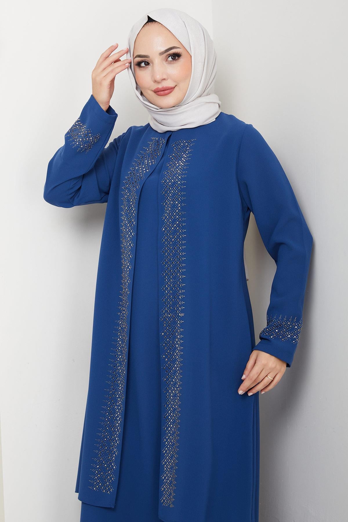 Parlak Taşlı Büyük Beden Anne Elbisesi İndigo HM2856