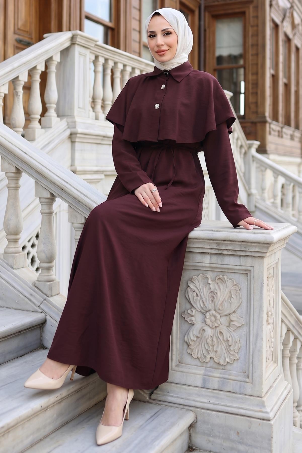 Pelerinli Modal Elbise Bordo HM2910