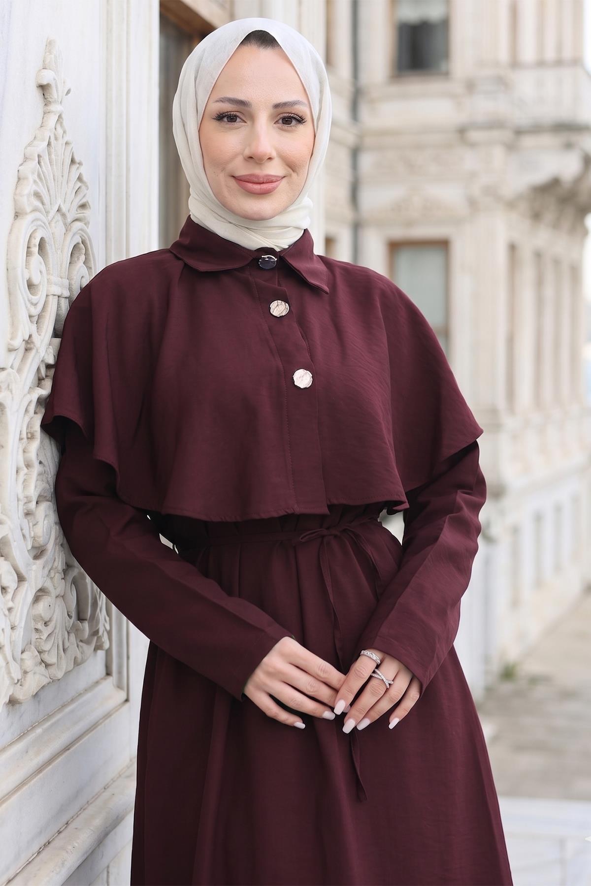 Pelerinli Modal Elbise Bordo HM2910