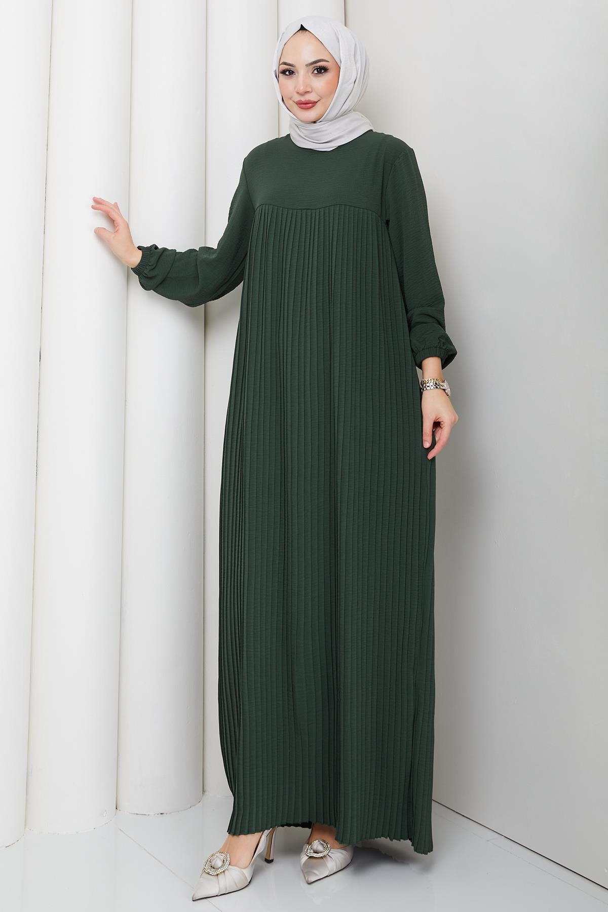 Robalı Piliseli Ayrobin Elbise Haki HM2872