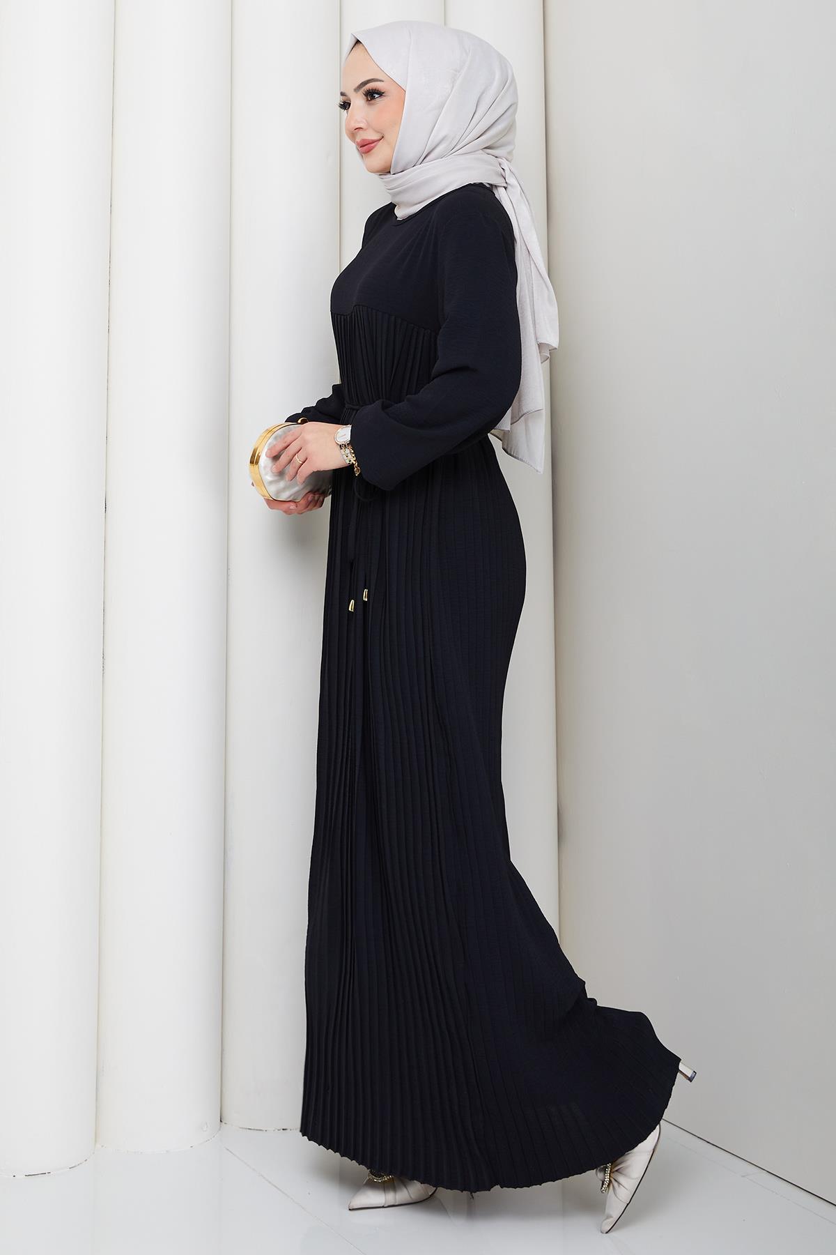 Robalı Piliseli Ayrobin Elbise Siyah HM2872