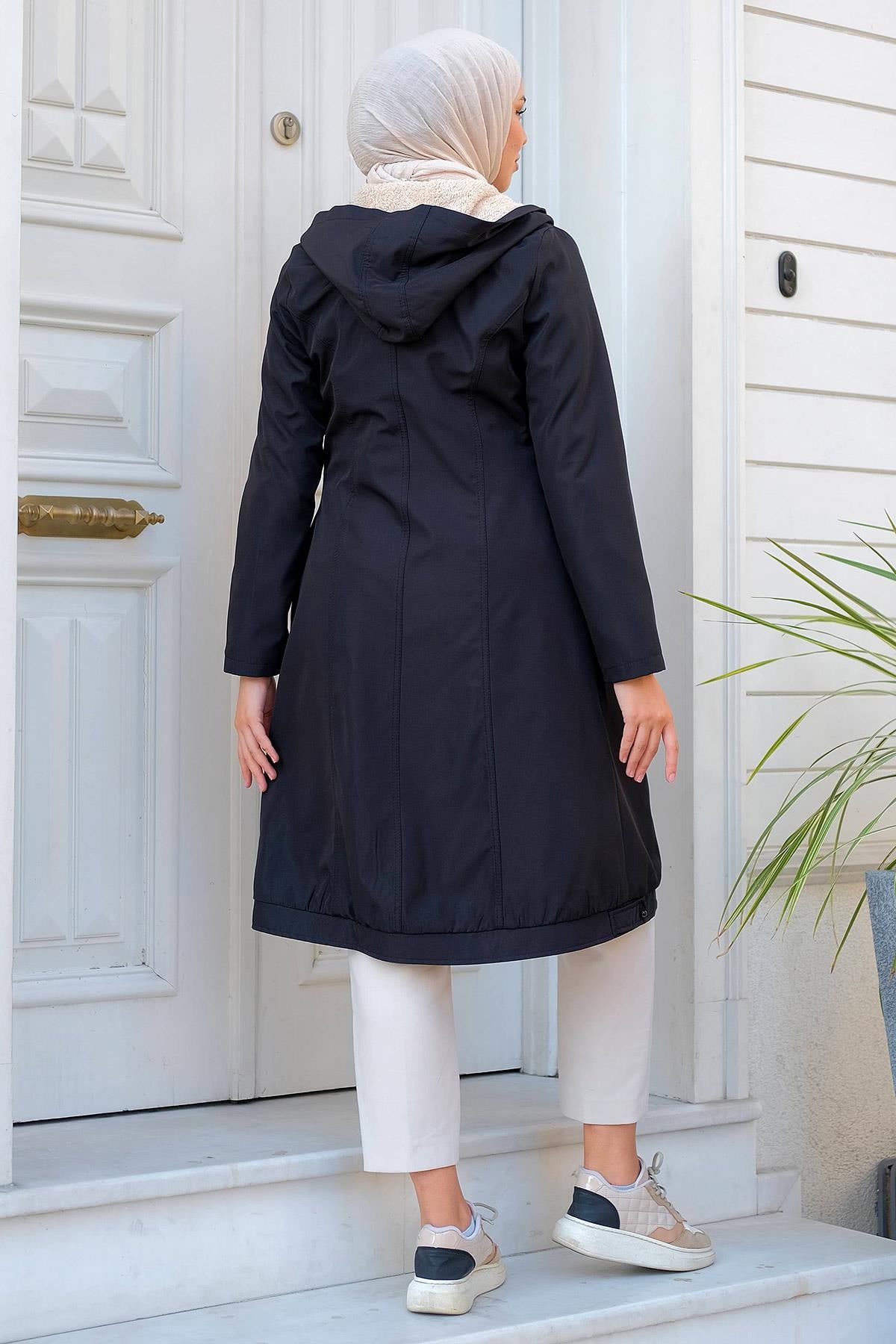 Sabit Kapüşonlu İçi Peluş Mont Siyah HM2277