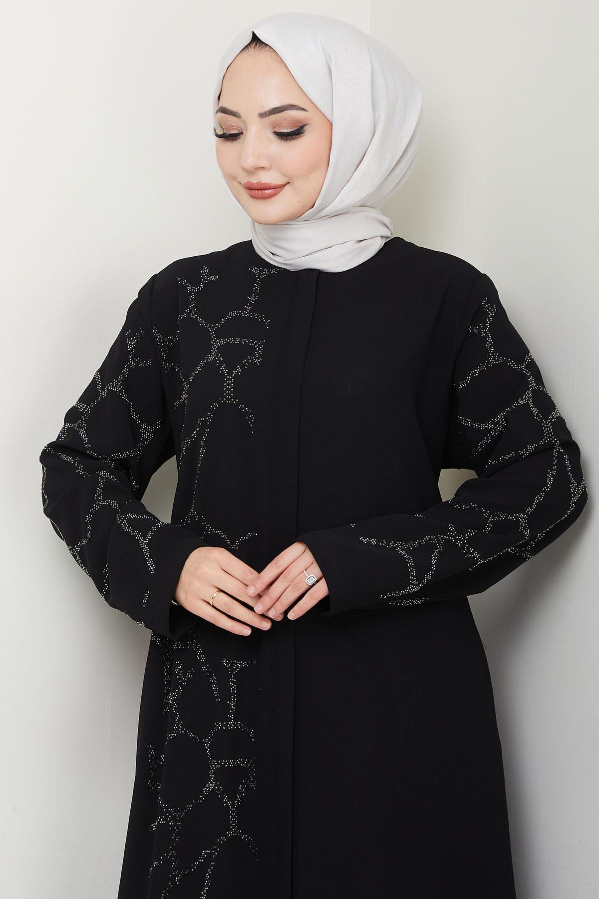 Sahra Taşlı Büyük Beden Ferace Siyah HM2712