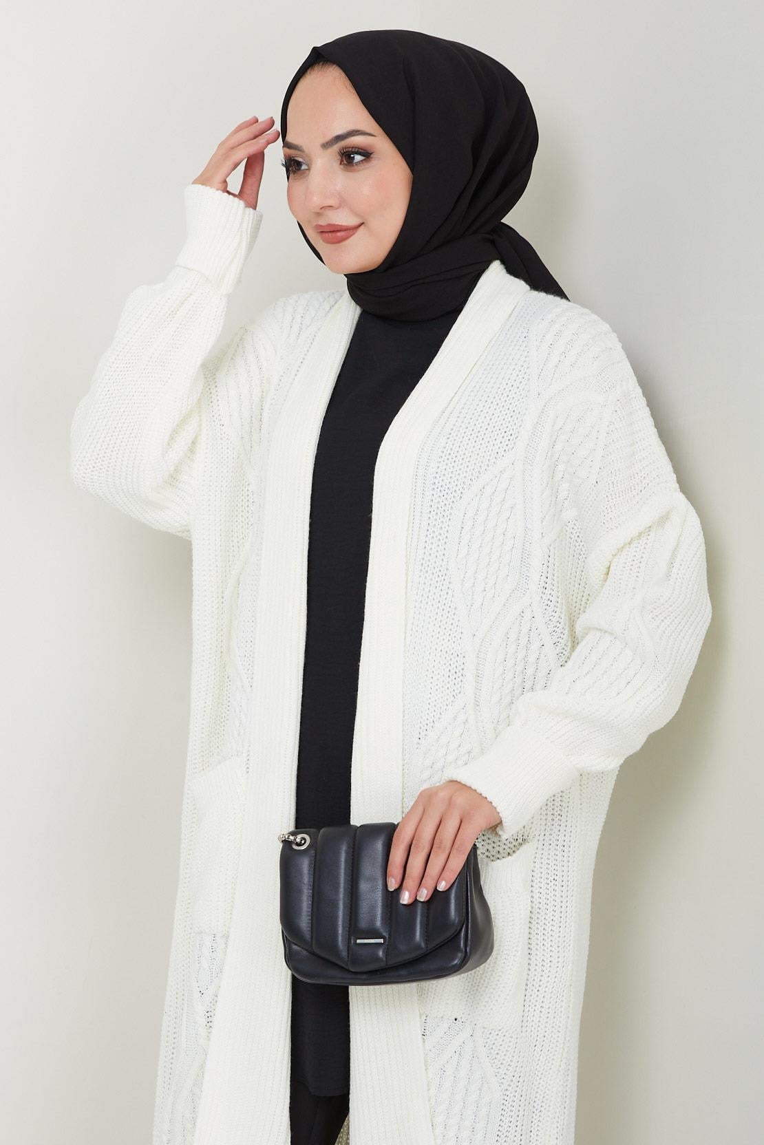 Şal Yaka Cepli Triko Hırka Beyaz HM2534
