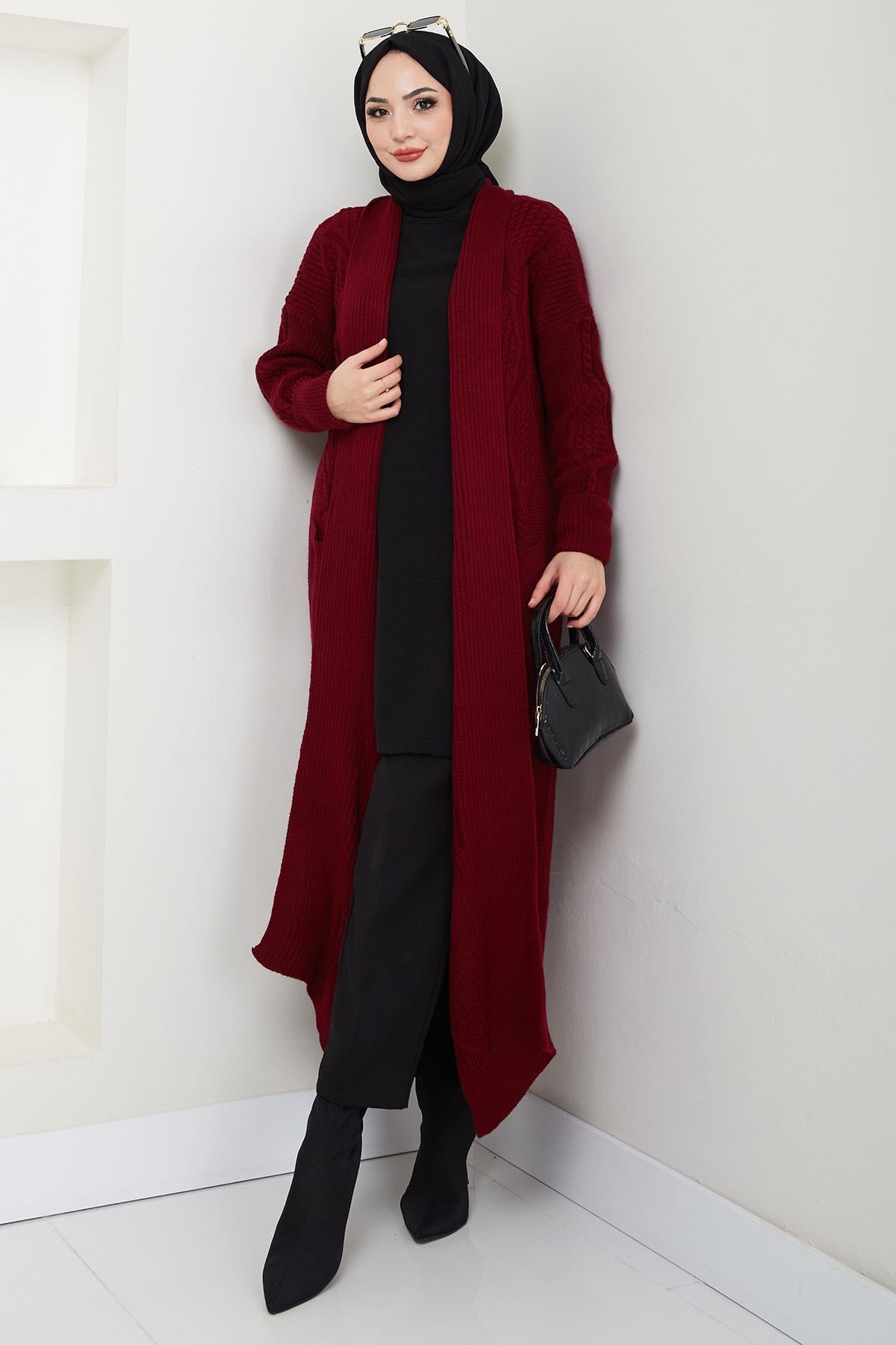 Şal Yaka Cepli Triko Hırka Bordo HM2534