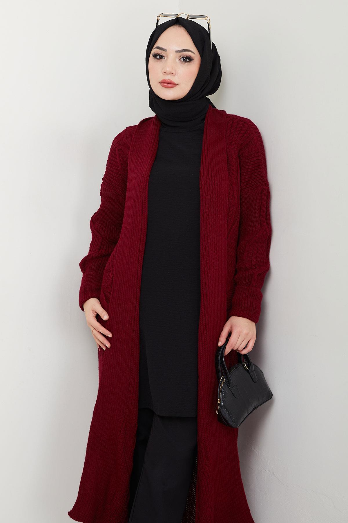 Şal Yaka Cepli Triko Hırka Bordo HM2534