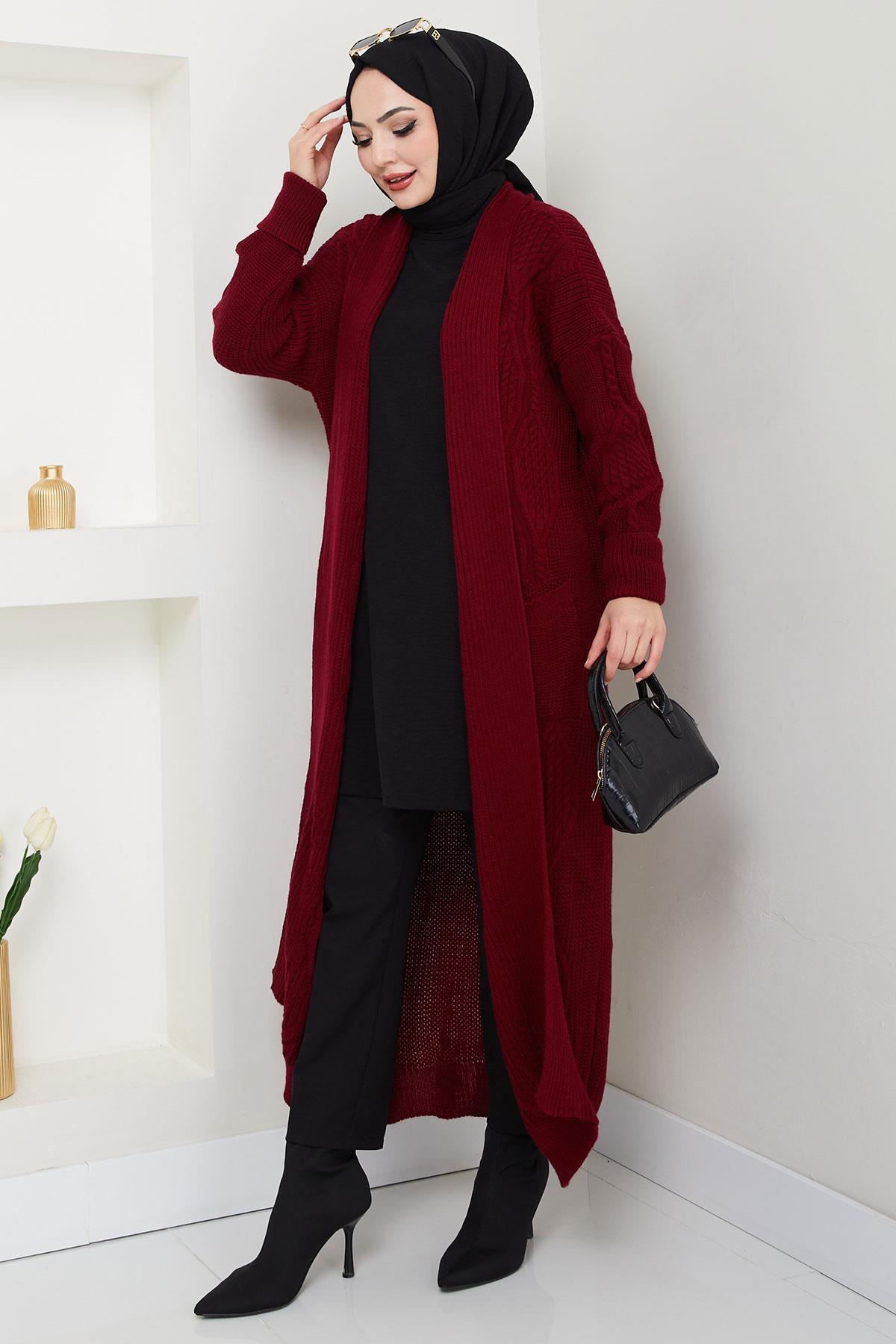 Şal Yaka Cepli Triko Hırka Bordo HM2534