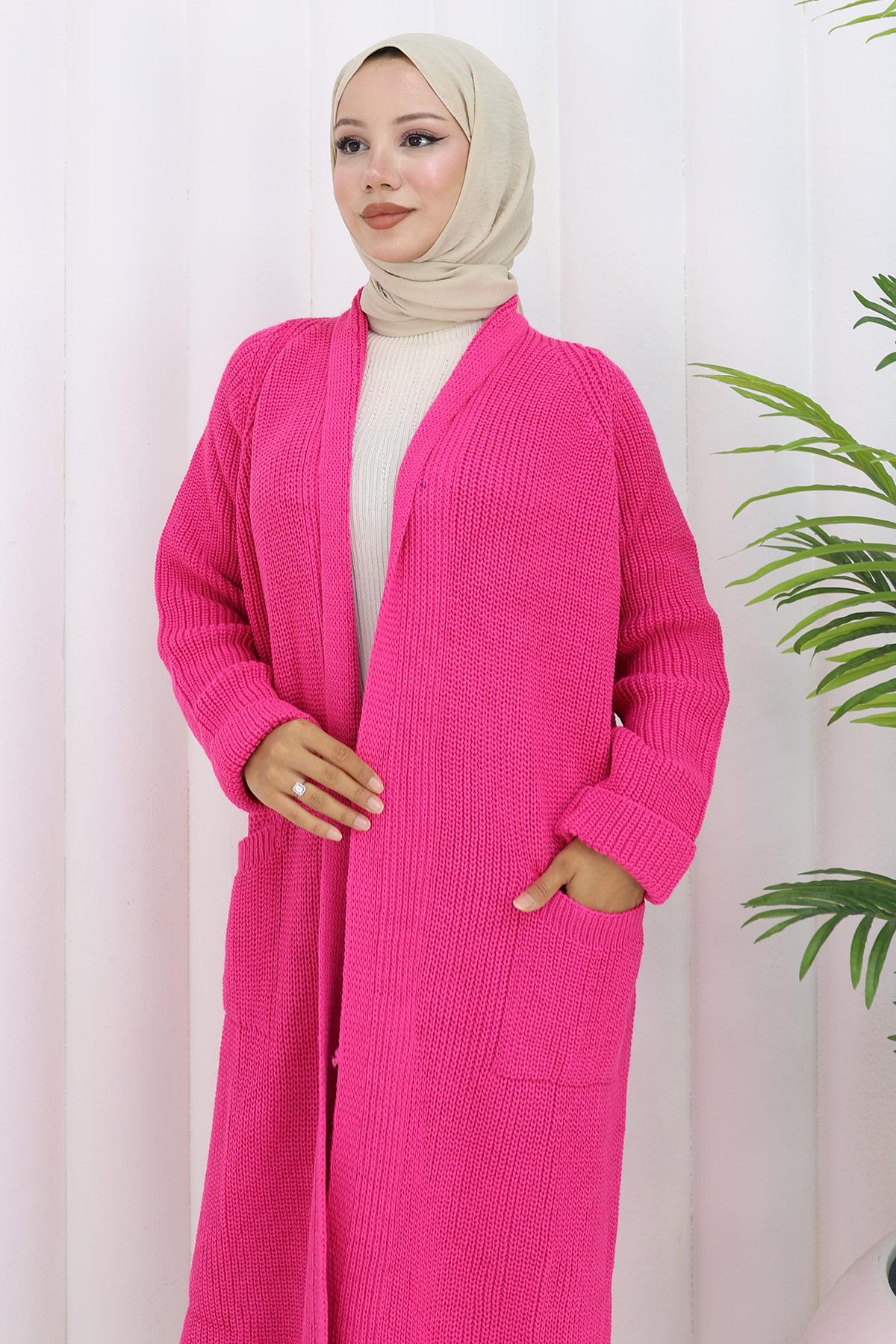 Şal Yaka Cepli Triko Hırka Fuşya HM2243