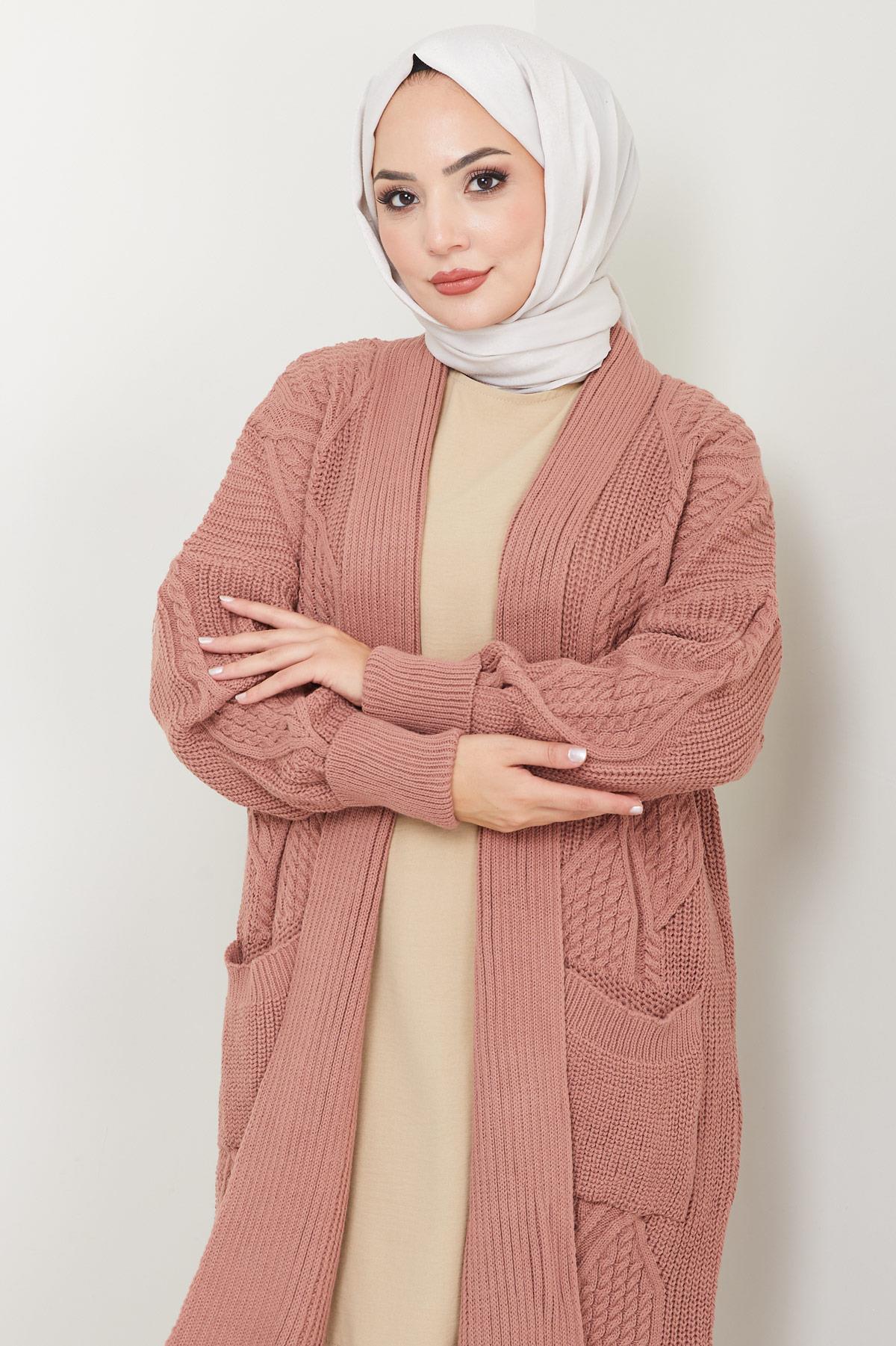 Şal Yaka Cepli Triko Hırka Gül Kurusu HM2534