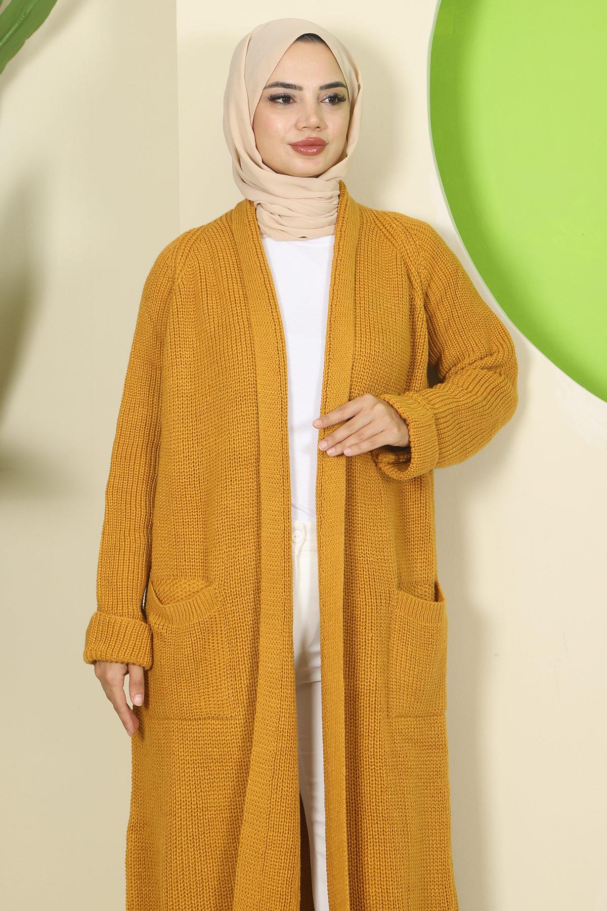 Şal Yaka Cepli Triko Hırka Hardal HM2243