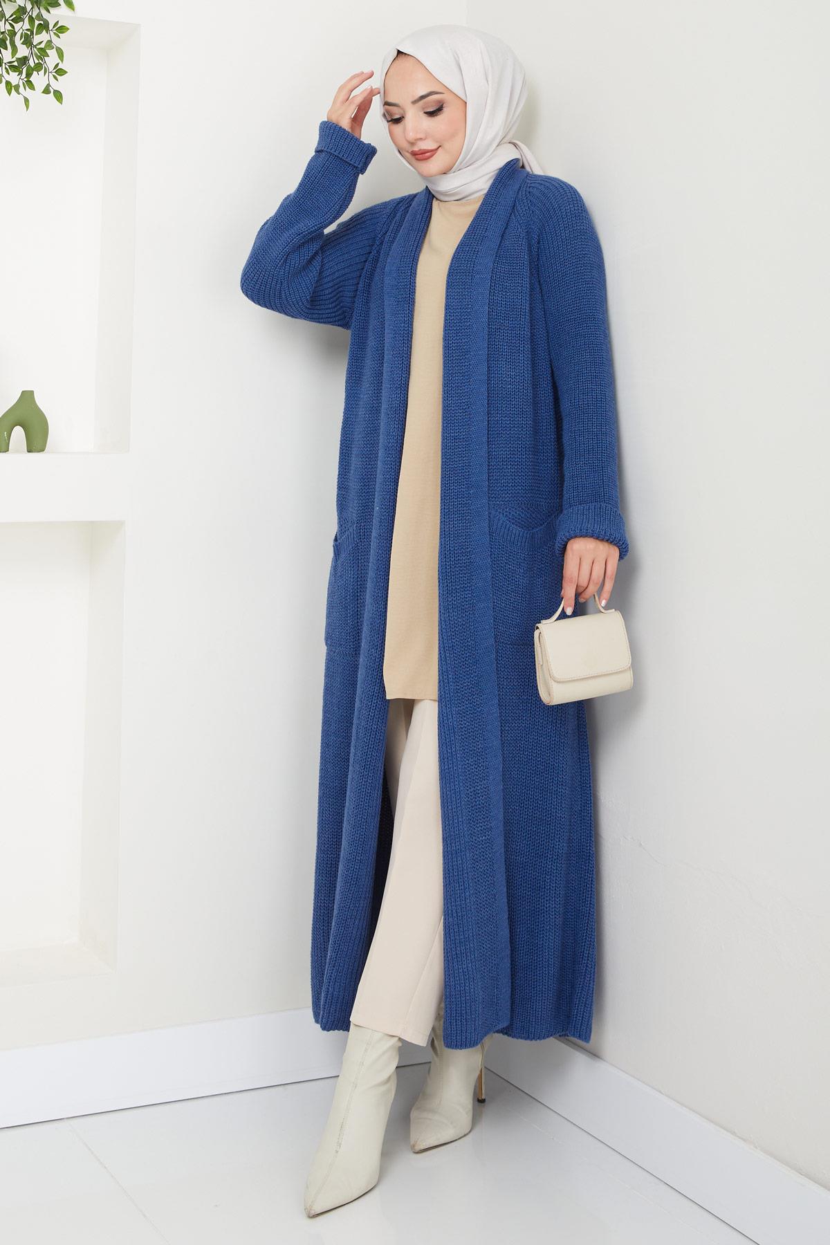 Şal Yaka Cepli Triko Hırka İndigo HM2243