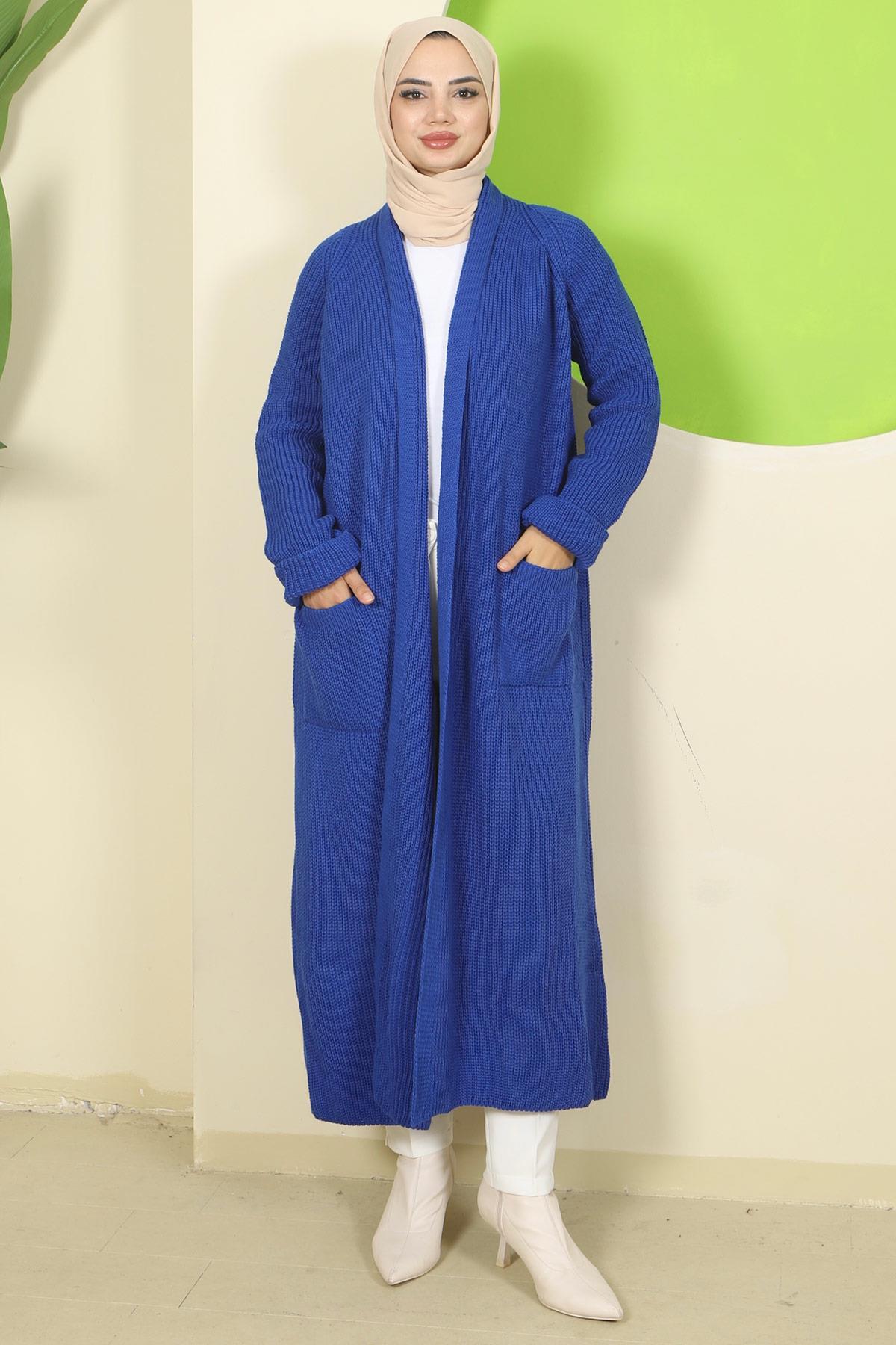 Şal Yaka Cepli Triko Hırka Saks HM2243