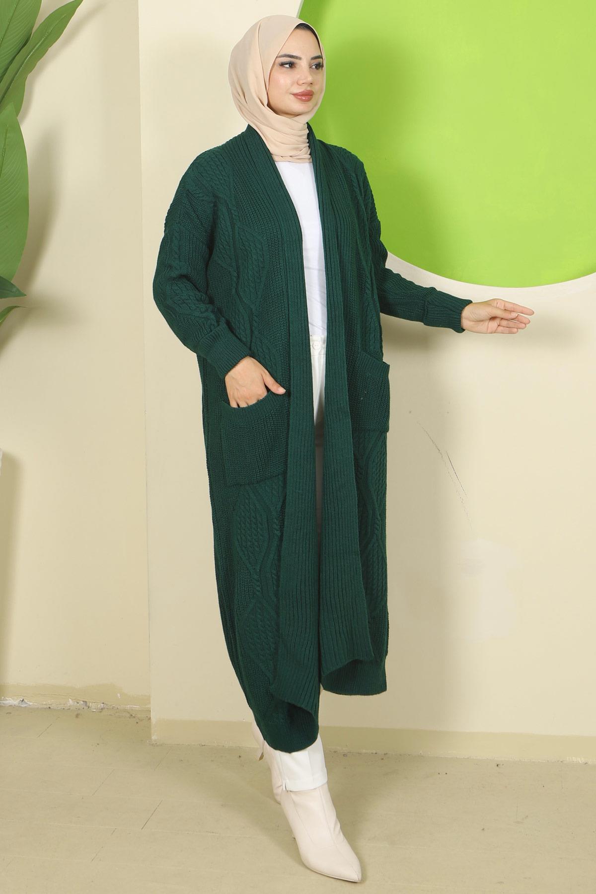 Şal Yaka Cepli Triko Hırka Zümrüt HM2534