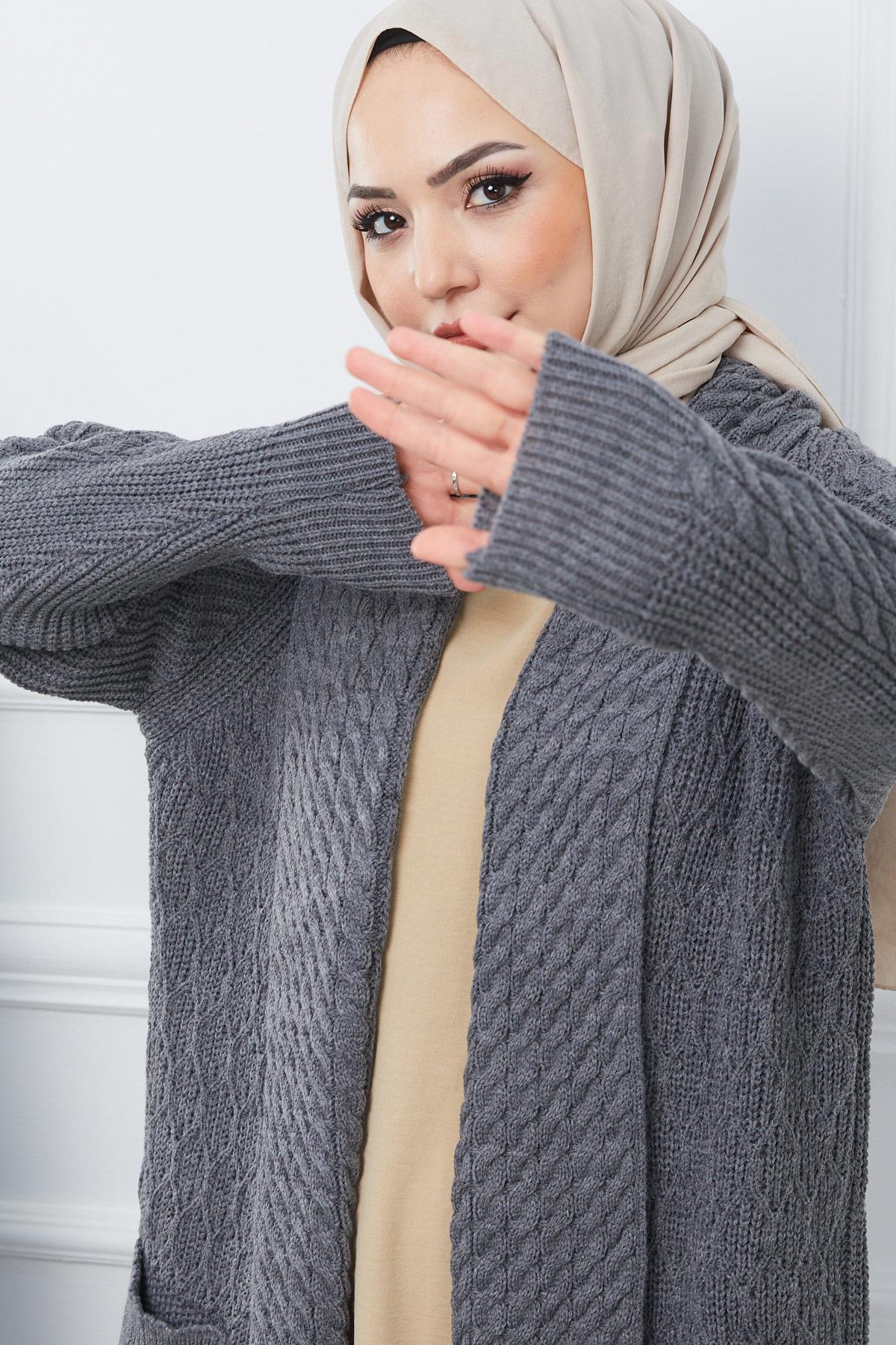 Şal Yaka Salaş Triko Hırka Füme HM2248