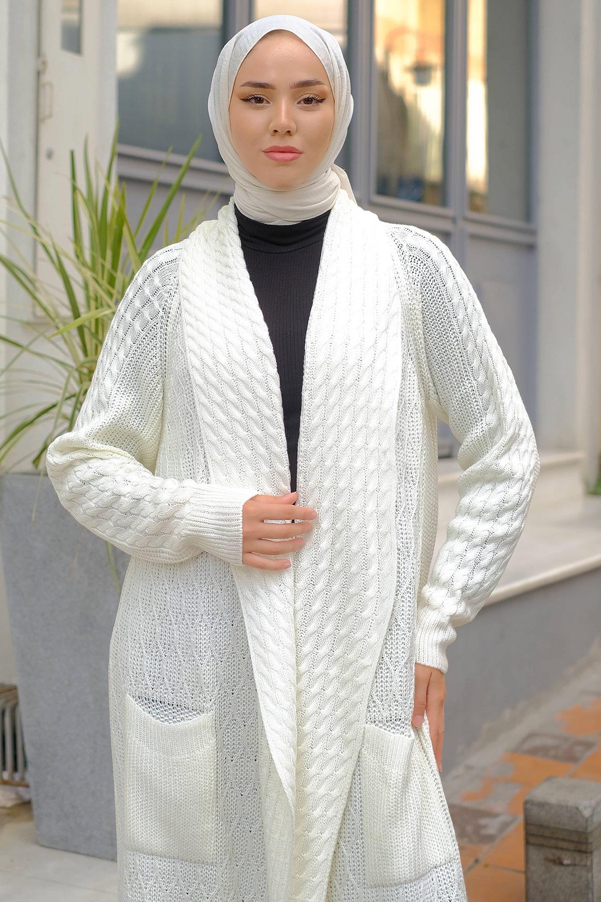 Şal Yaka Salaş Triko Hırka Krem HM2248