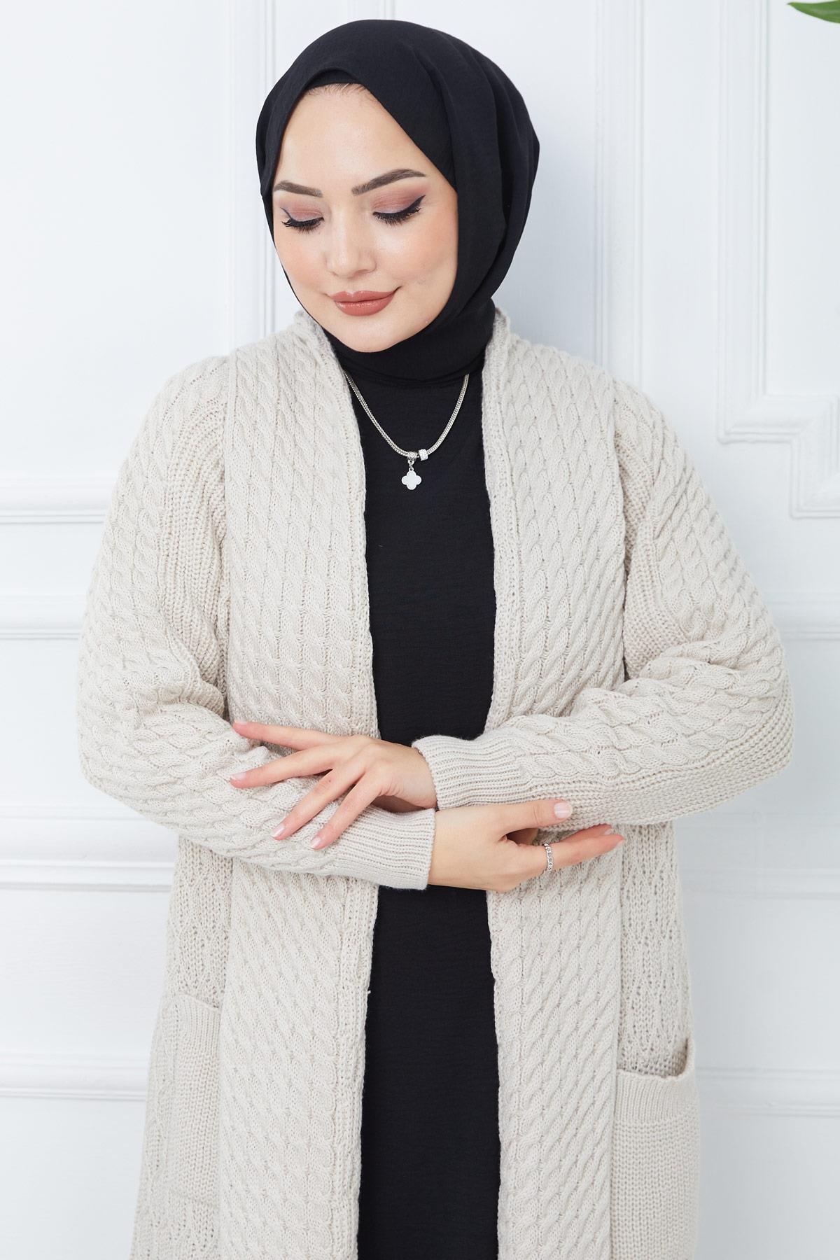 Şal Yaka Salaş Triko Hırka Taş Rengi HM2248