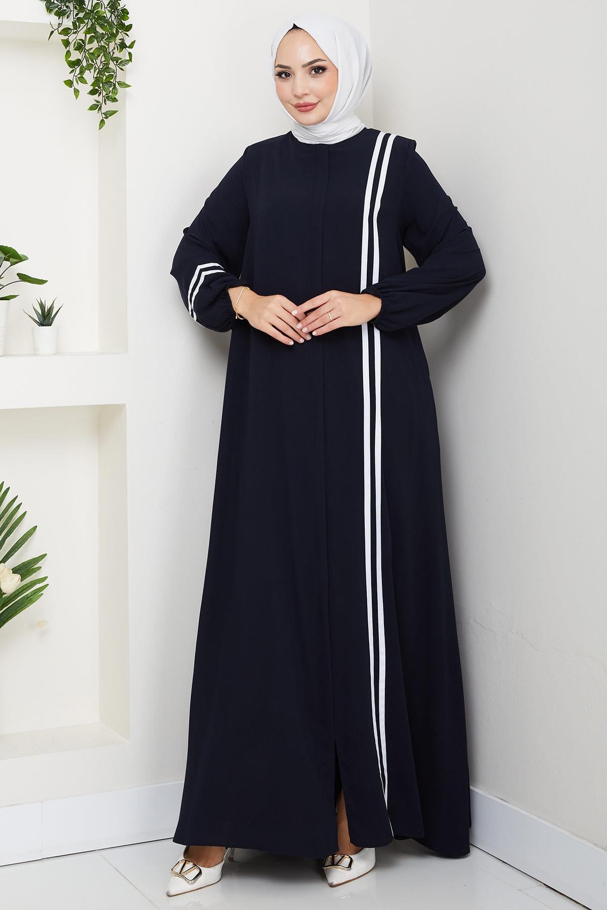 Şerit Detaylı Ferace Lacivert HM2846