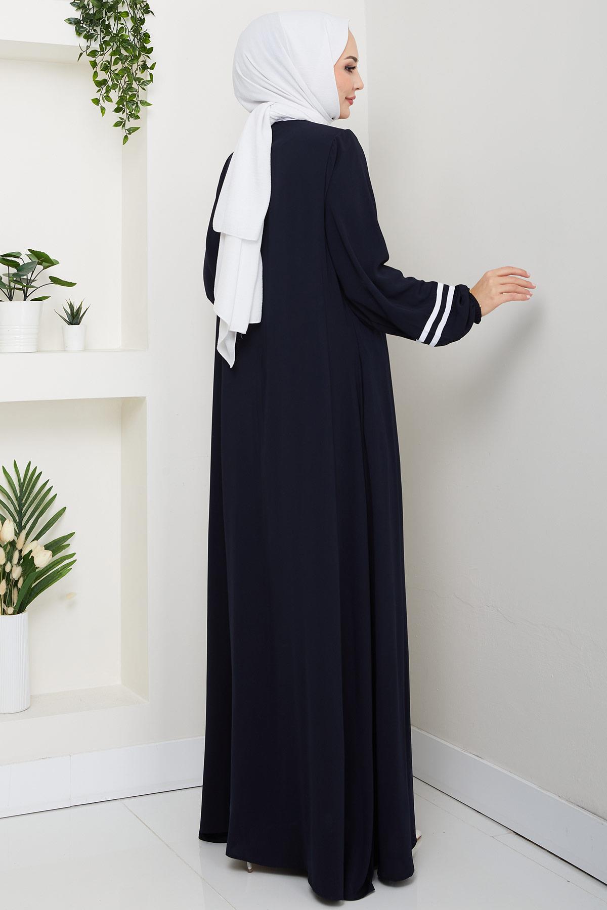 Şerit Detaylı Ferace Lacivert HM2846