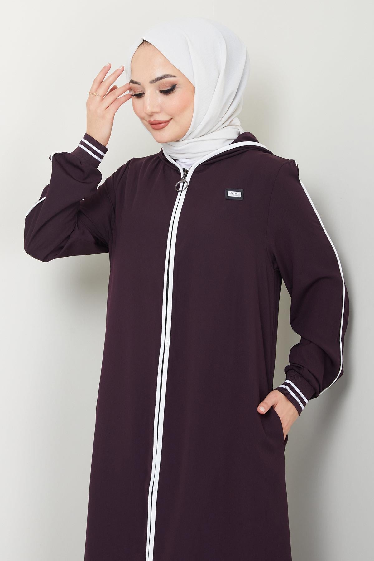 Şeritli Biye Detaylı Ferace Mürdüm HM2151
