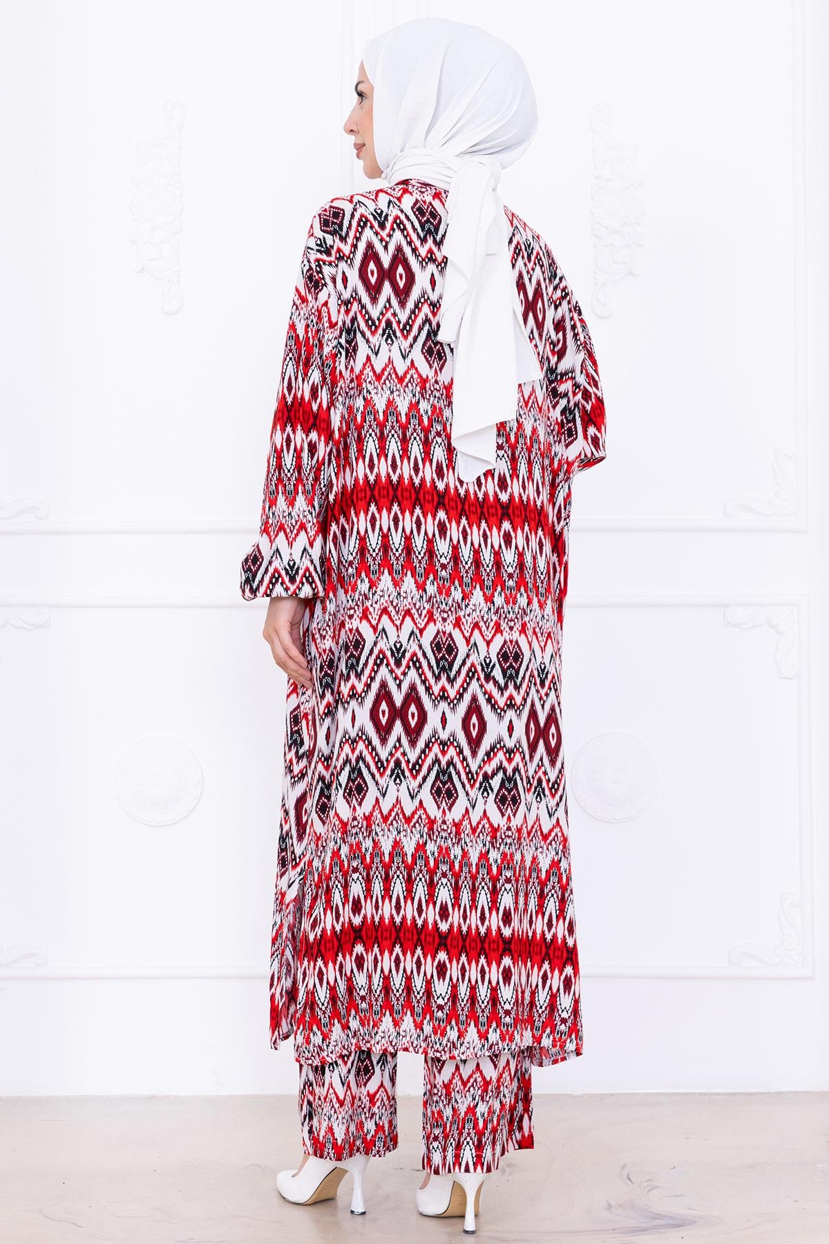 Seva Desenli Viskon Kimono Takım Kırmızı HM2762