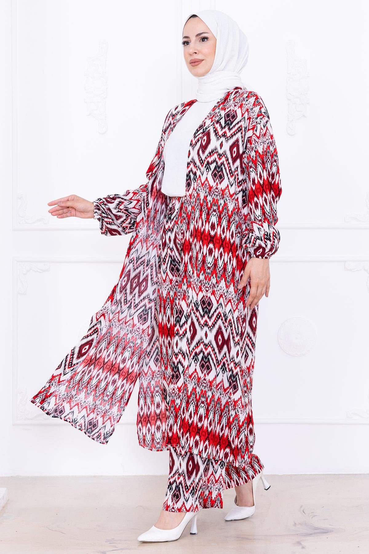 Seva Desenli Viskon Kimono Takım Kırmızı HM2762