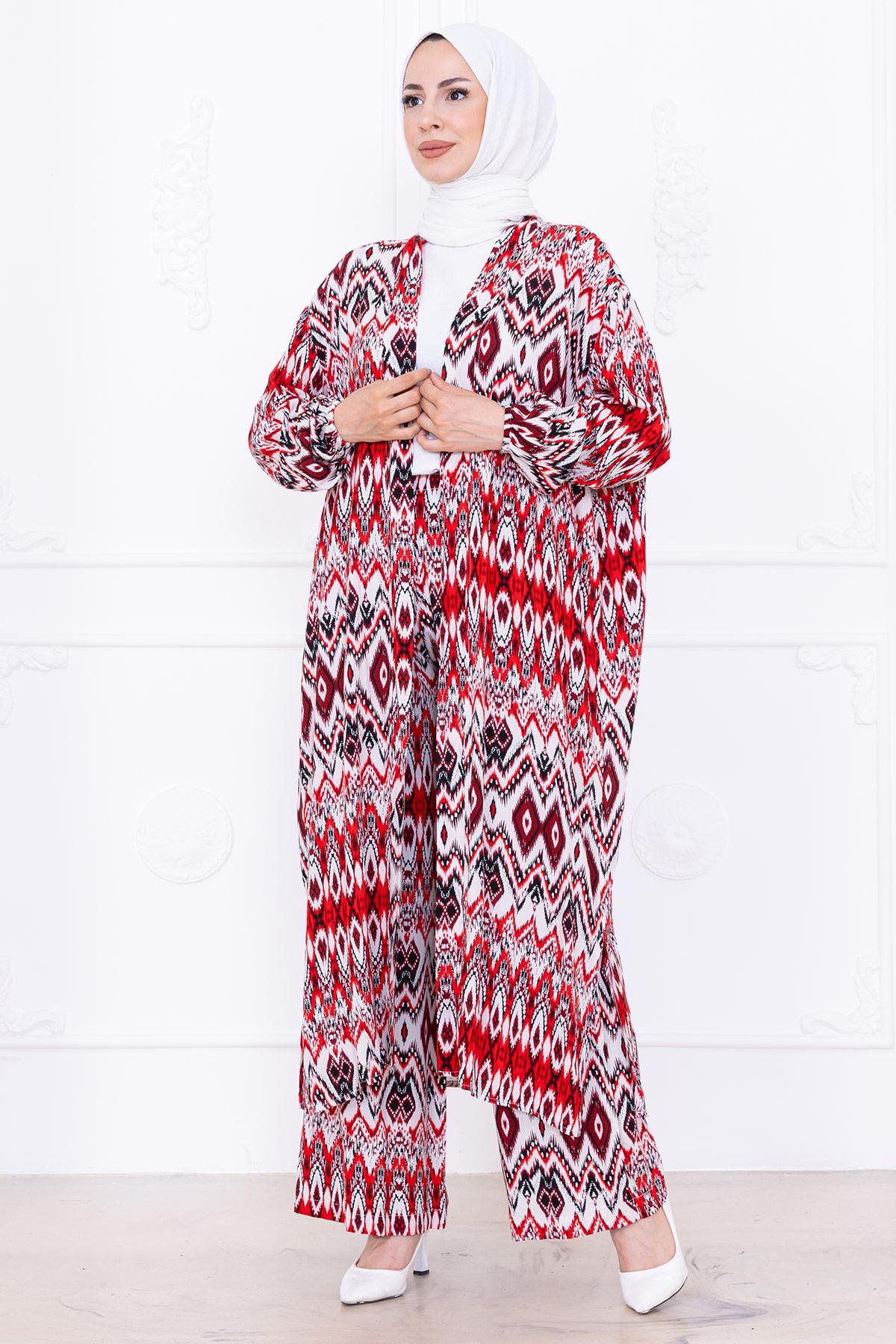 Seva Desenli Viskon Kimono Takım Kırmızı HM2762