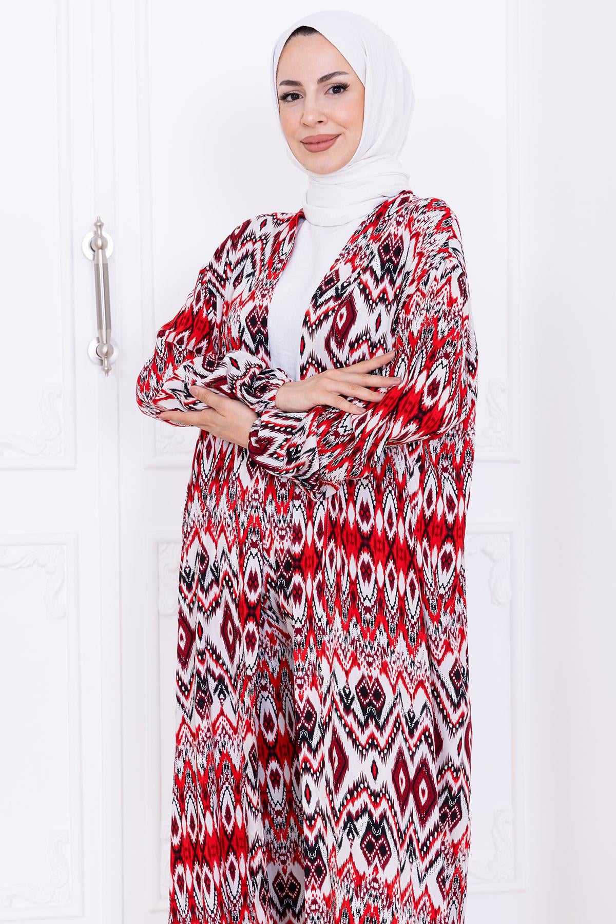 Seva Desenli Viskon Kimono Takım Kırmızı HM2762