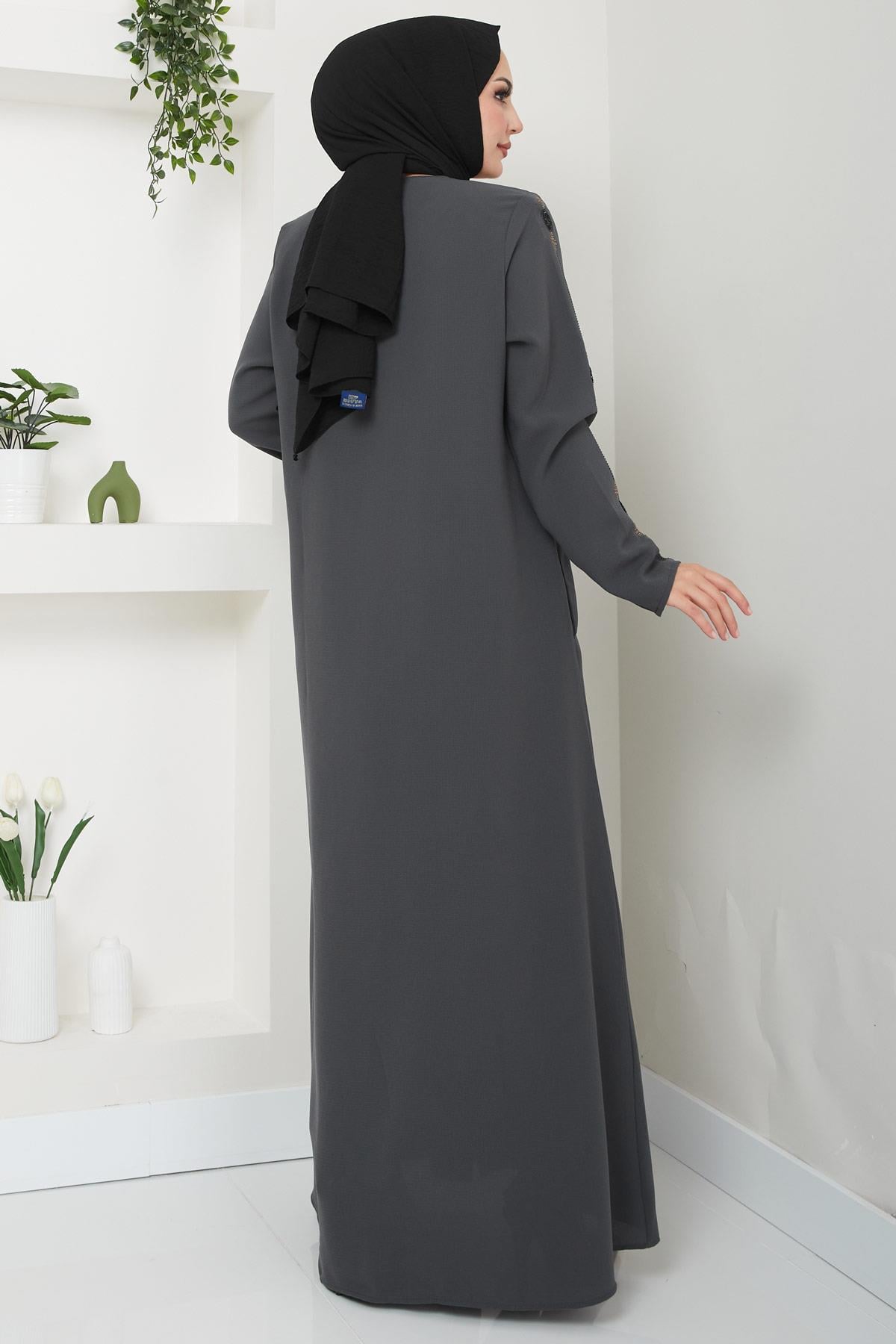 Simge Taşlı Ferace Füme HM2480
