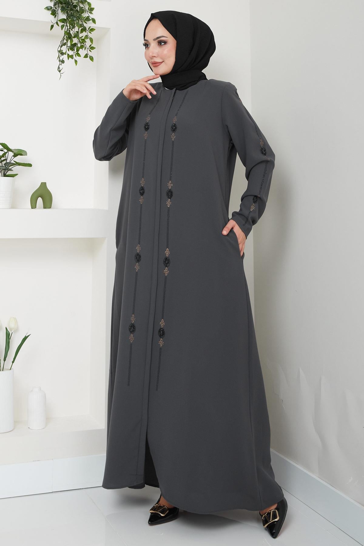 Simge Taşlı Ferace Füme HM2480