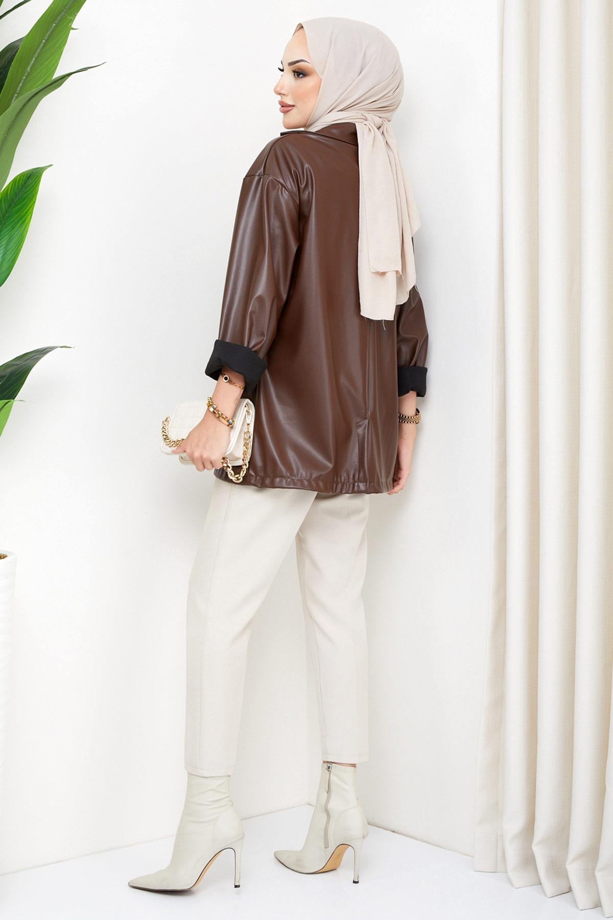 Oversize Deri Ceket Kahverengi HM2338