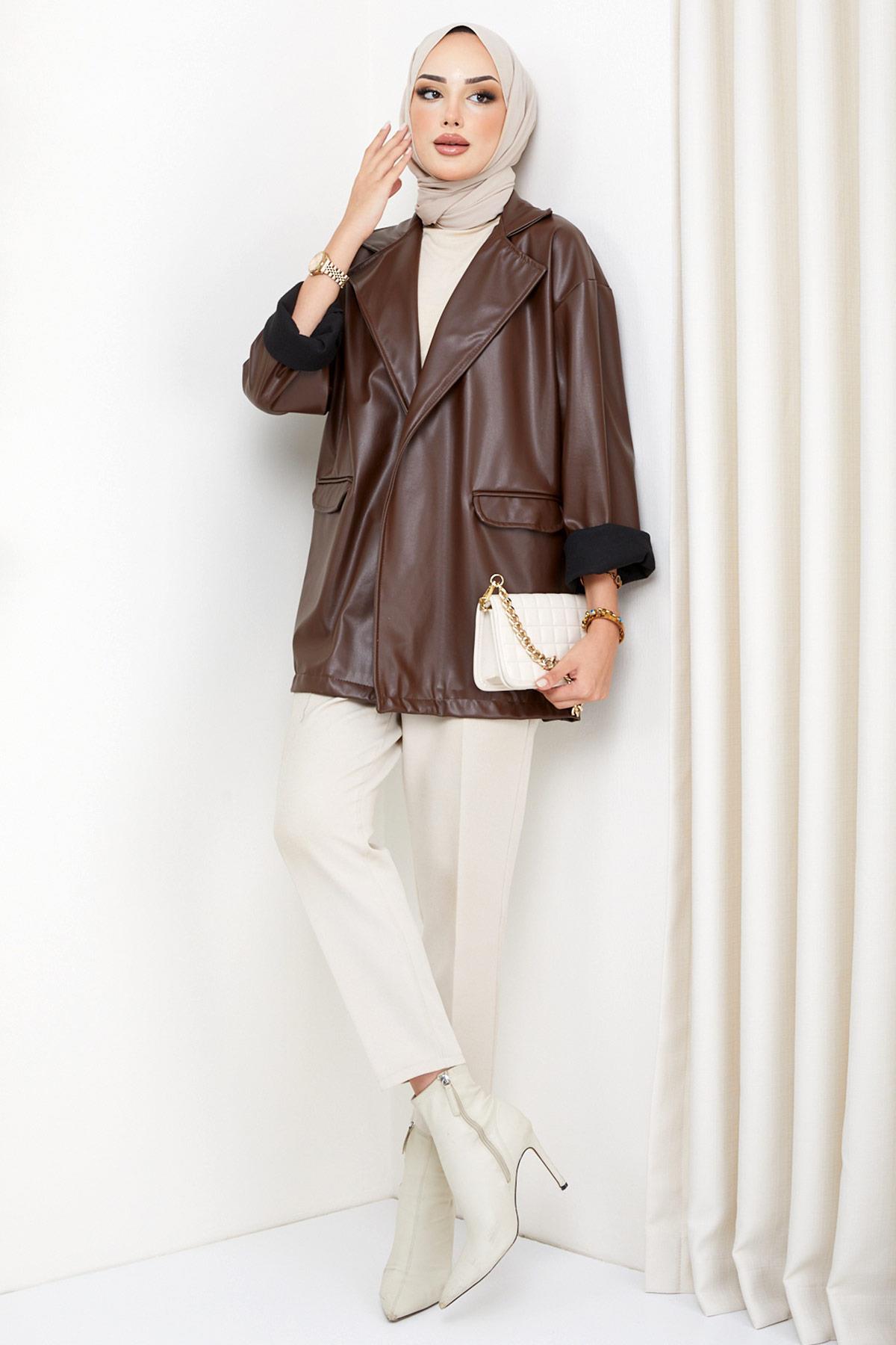Oversize Deri Ceket Kahverengi HM2338