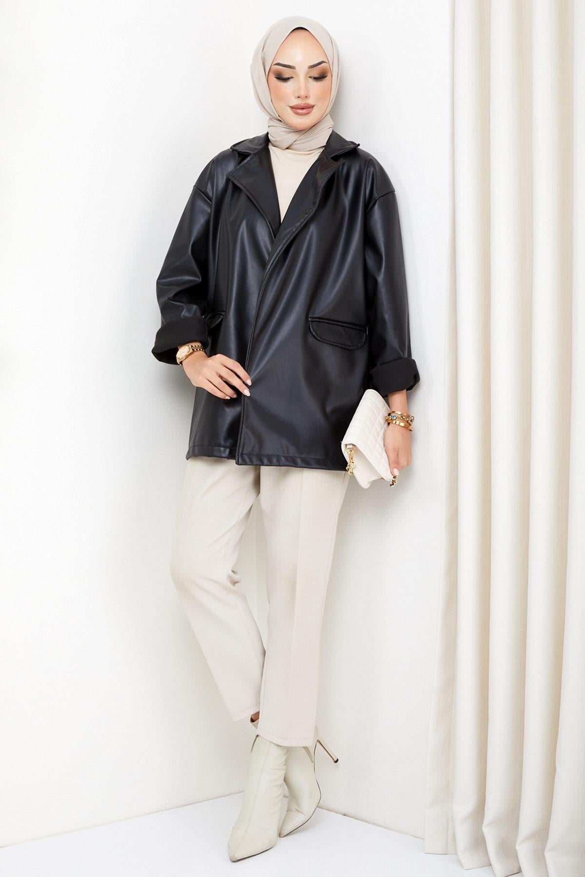 Oversize Deri Ceket Siyah HM2338
