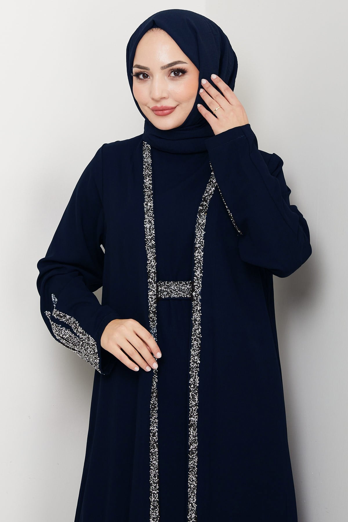 Taş Detaylı İçlikli Abaya Takım Lacivert HM2858