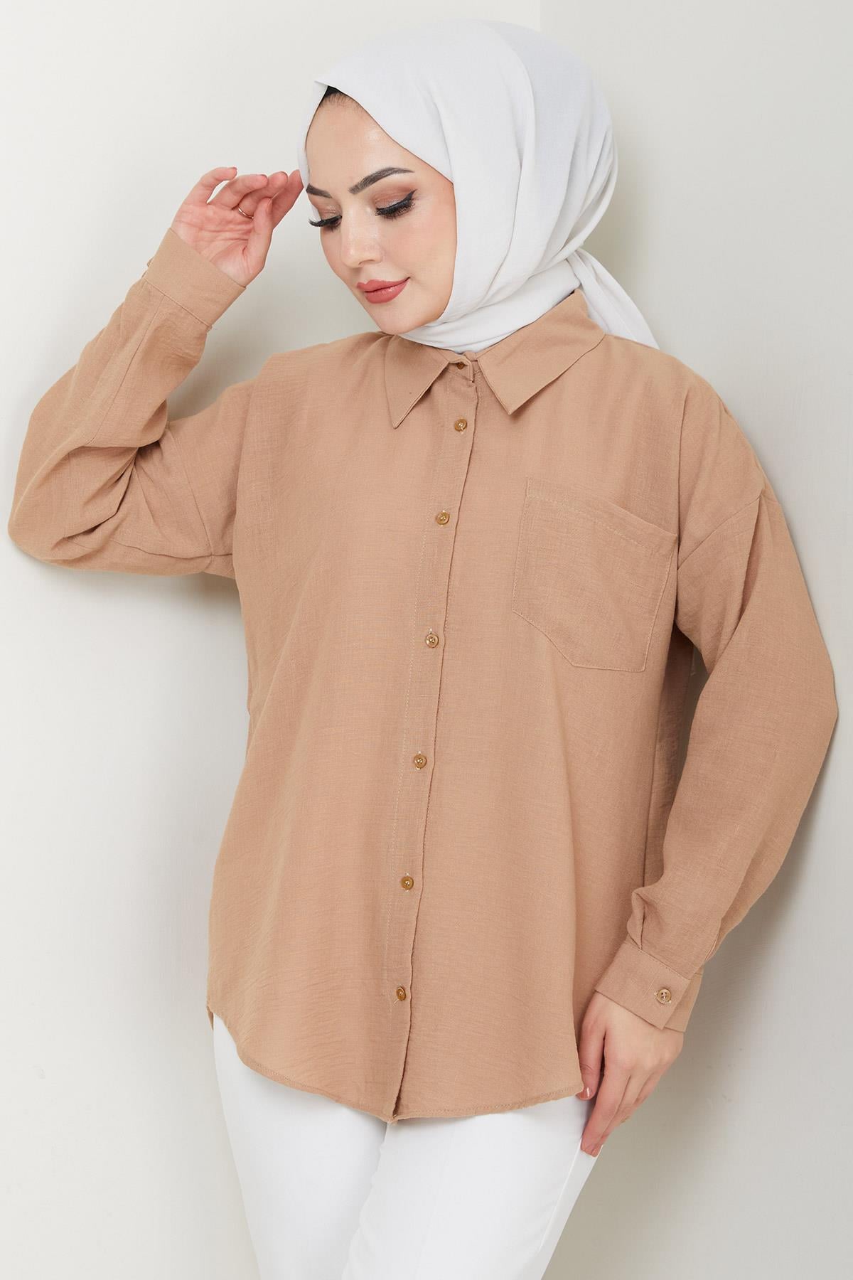 Tek Cepli Uzun Kol Oversize Keten Gömlek Vizon HM2651