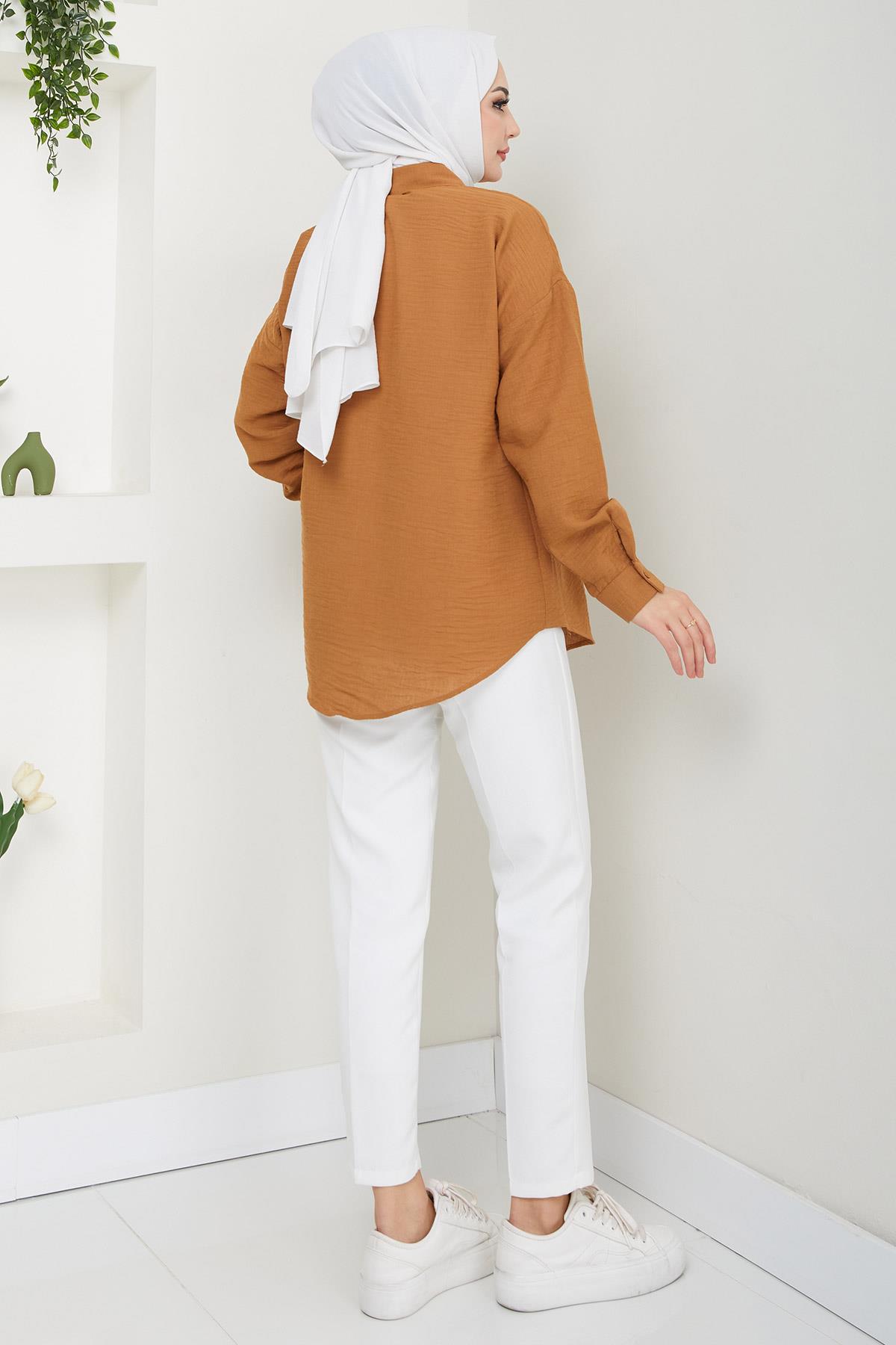 Tek Cepli Uzun Kol Oversize Keten Gömlek Taba HM2651