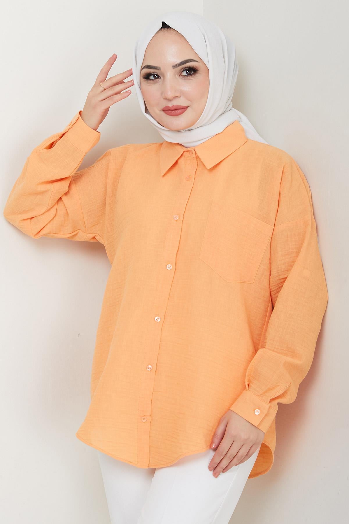 Tek Cepli Uzun Kol Oversize Keten Gömlek Turuncu HM2651