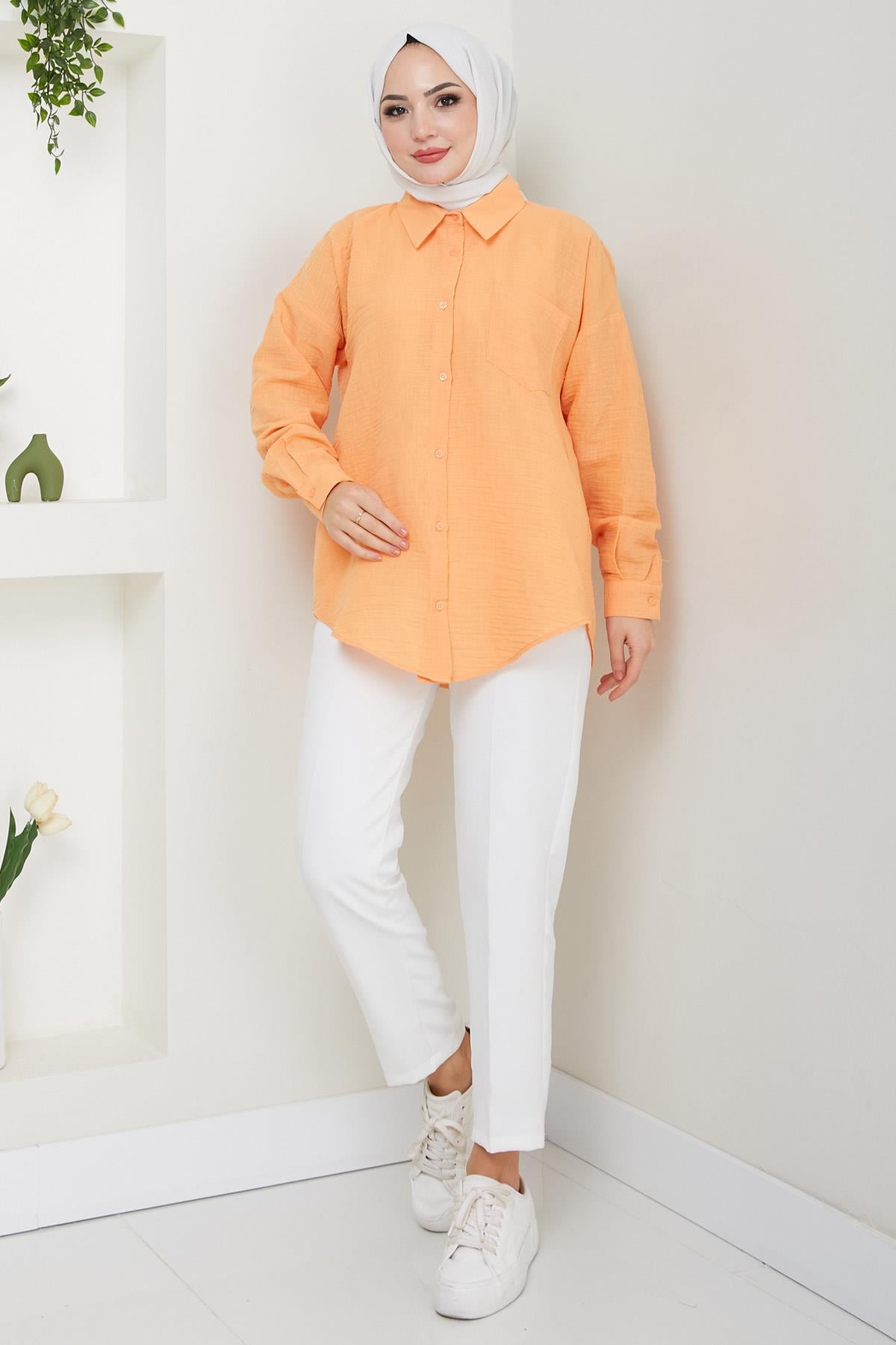 Tek Cepli Uzun Kol Oversize Keten Gömlek Turuncu HM2651