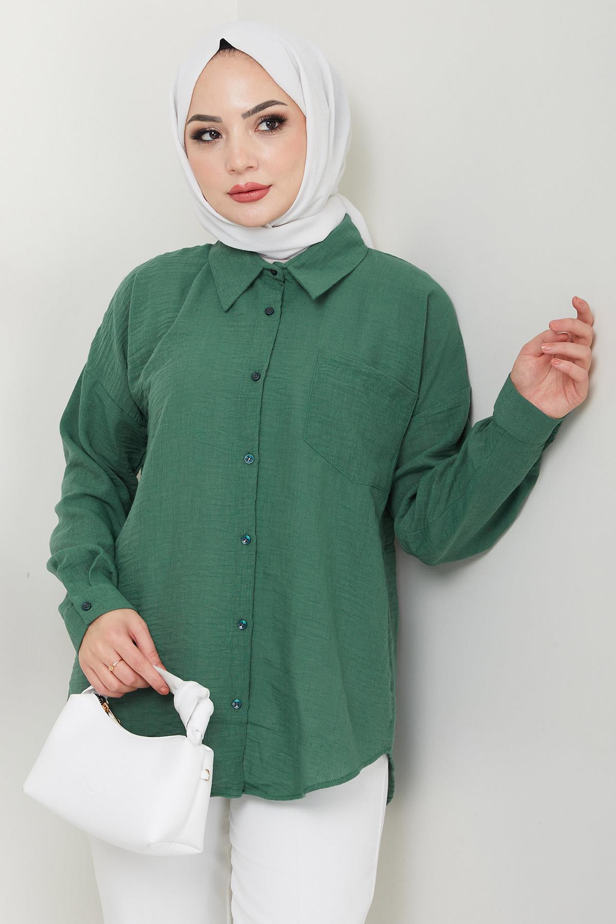 Tek Cepli Uzun Kol Oversize Keten Gömlek Haki HM2651