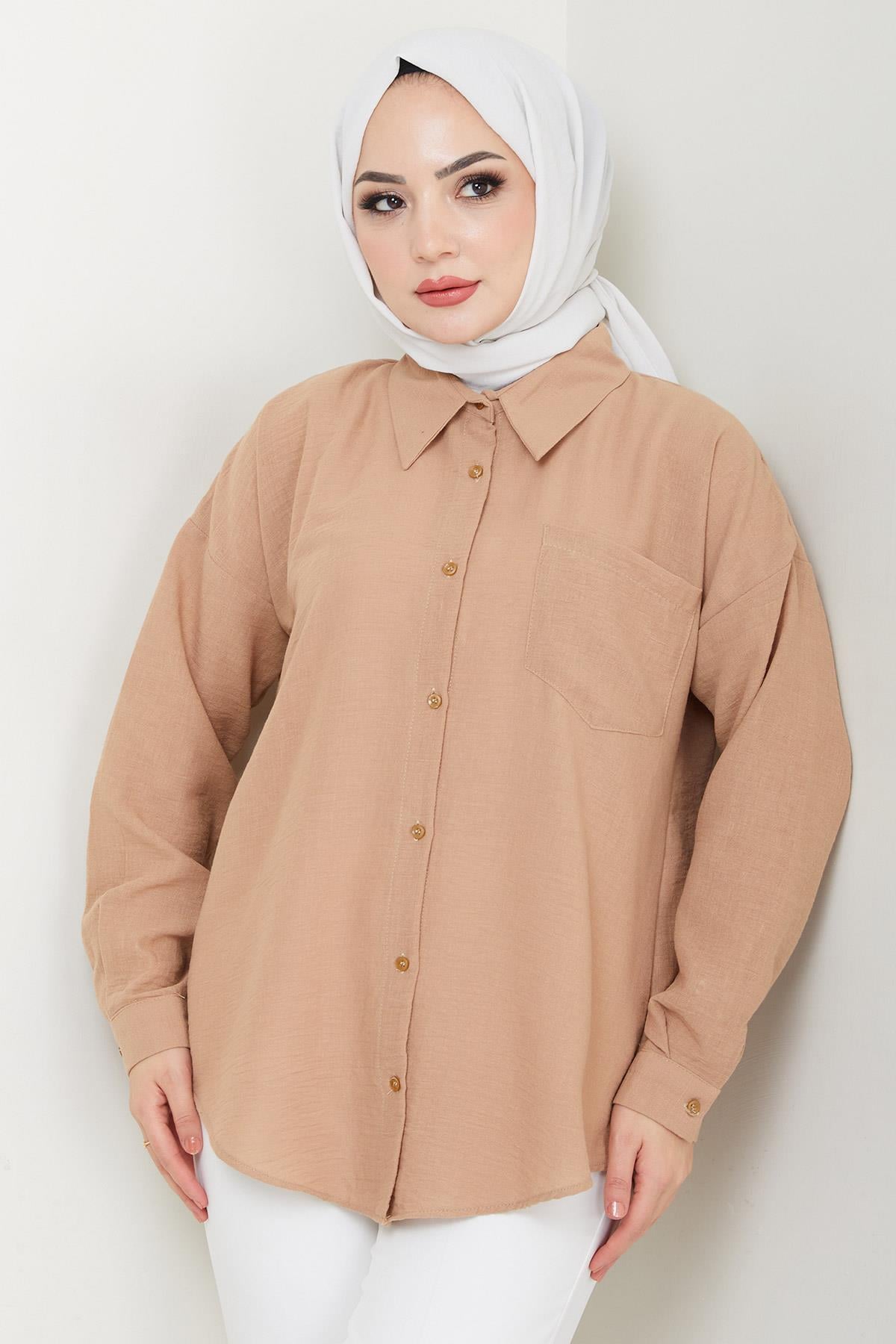 Tek Cepli Uzun Kol Oversize Keten Gömlek Vizon HM2651