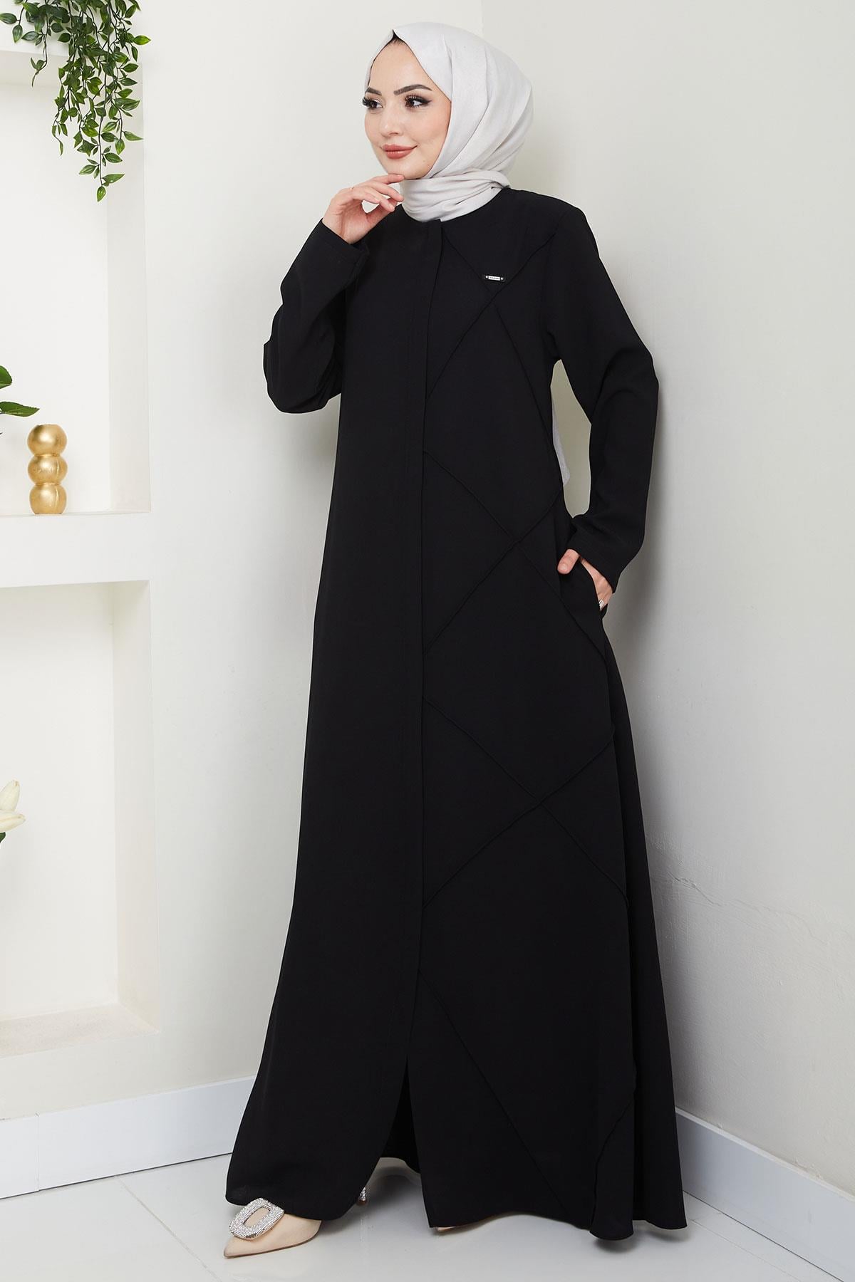 Tek Tarafı Çapraz Dikişli Ferace Siyah HM2708