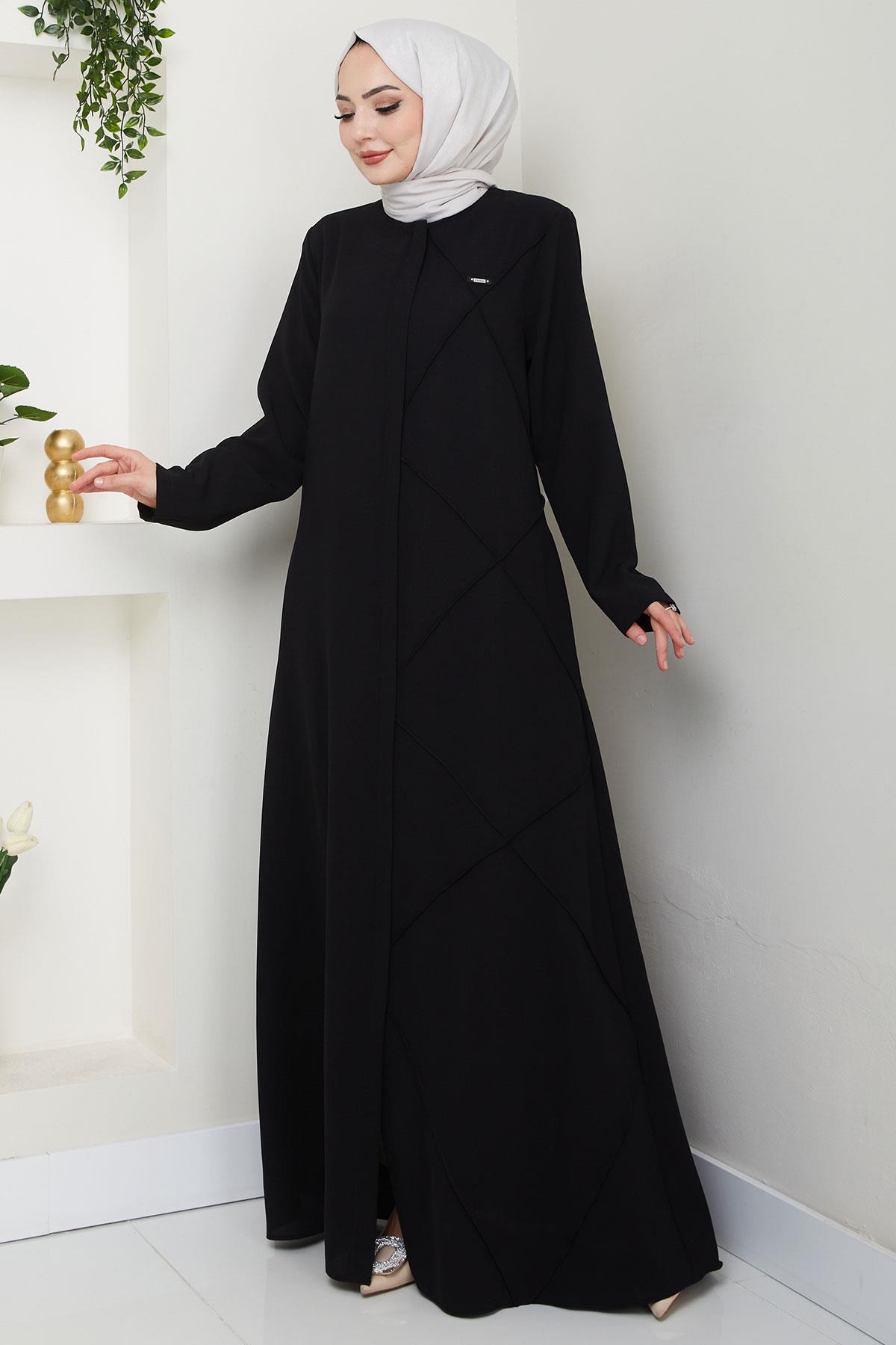 Tek Tarafı Çapraz Dikişli Ferace Siyah HM2708