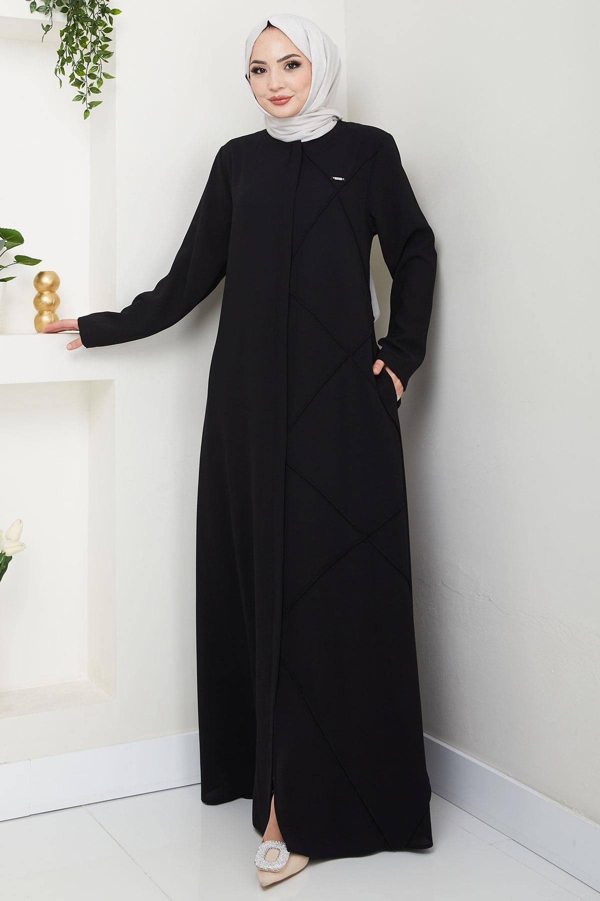 Tek Tarafı Çapraz Dikişli Ferace Siyah HM2708