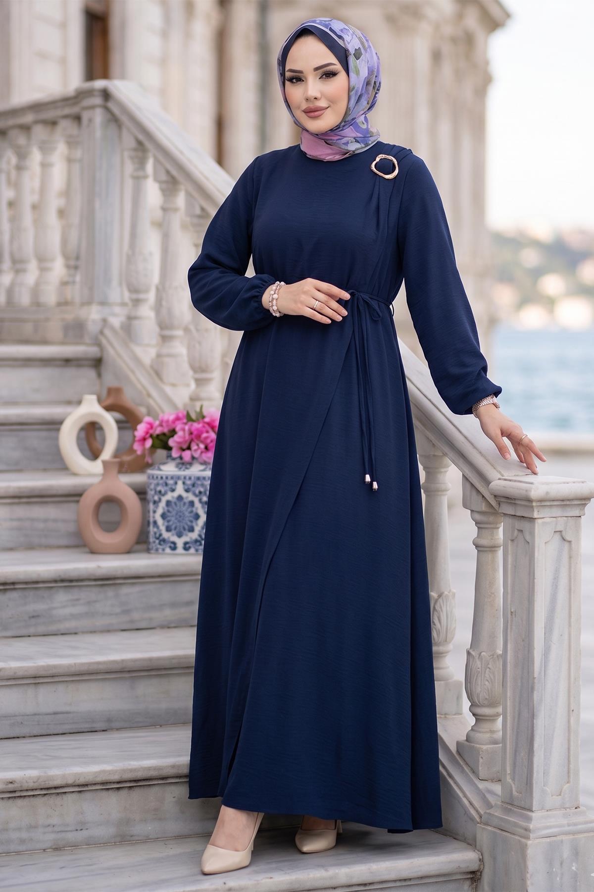 Toka Detaylı Bağlamalı Ayrobin Elbise Lacivert HM2907
