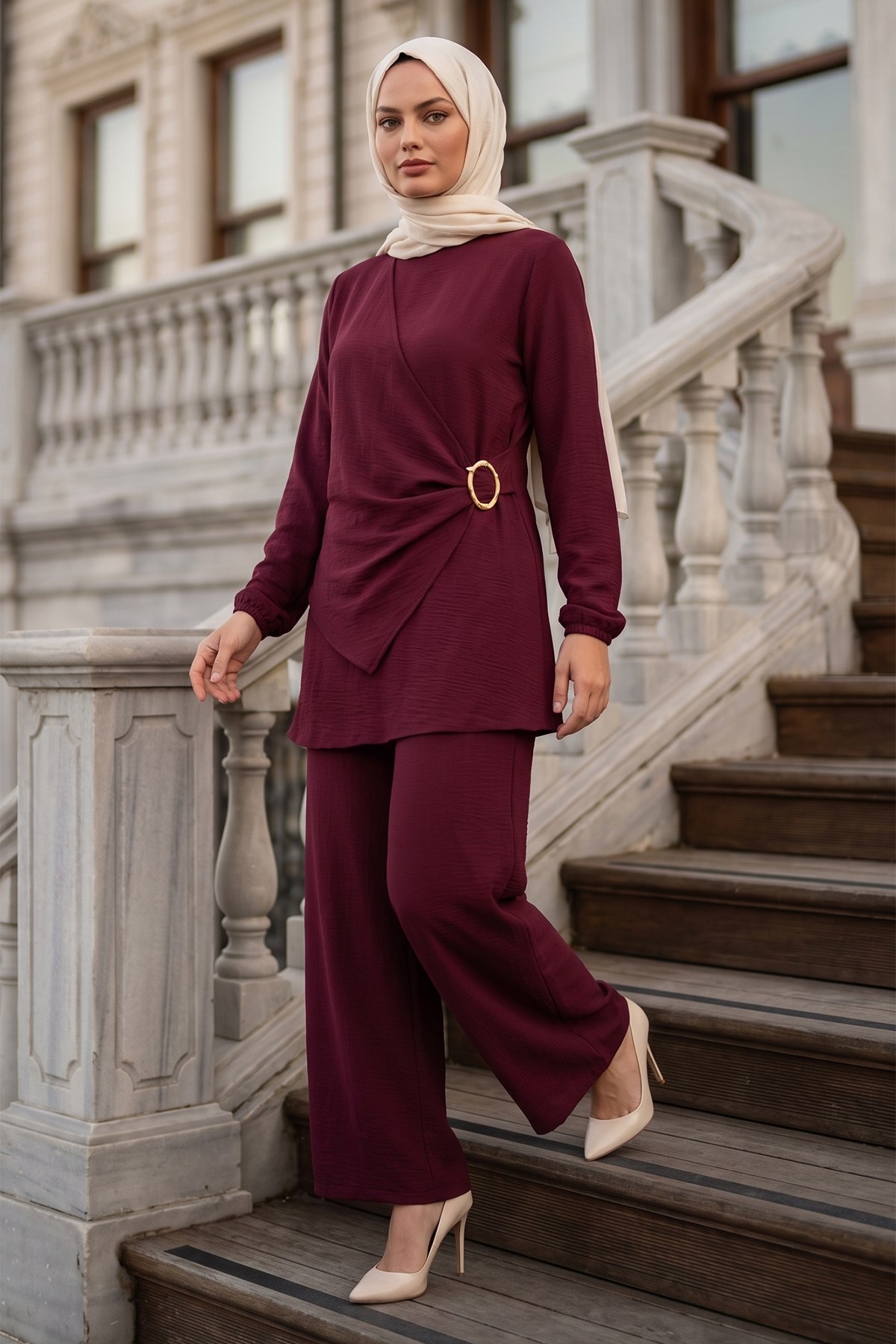 Toka Detaylı Pantolonlu Ayrobin Takım Bordo HM2921