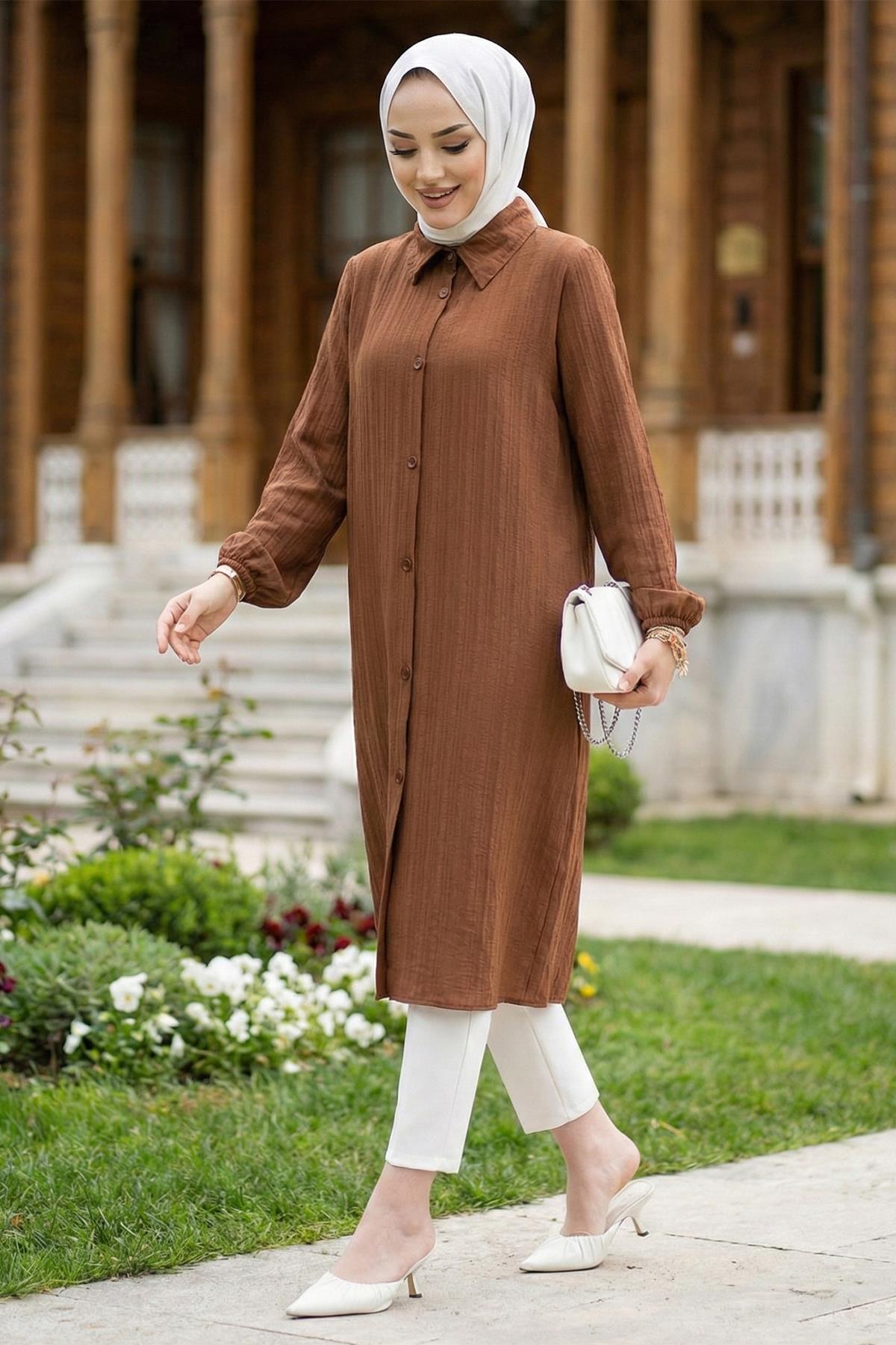 Uzun Düğmeli Tunik Kahverengi HM262109