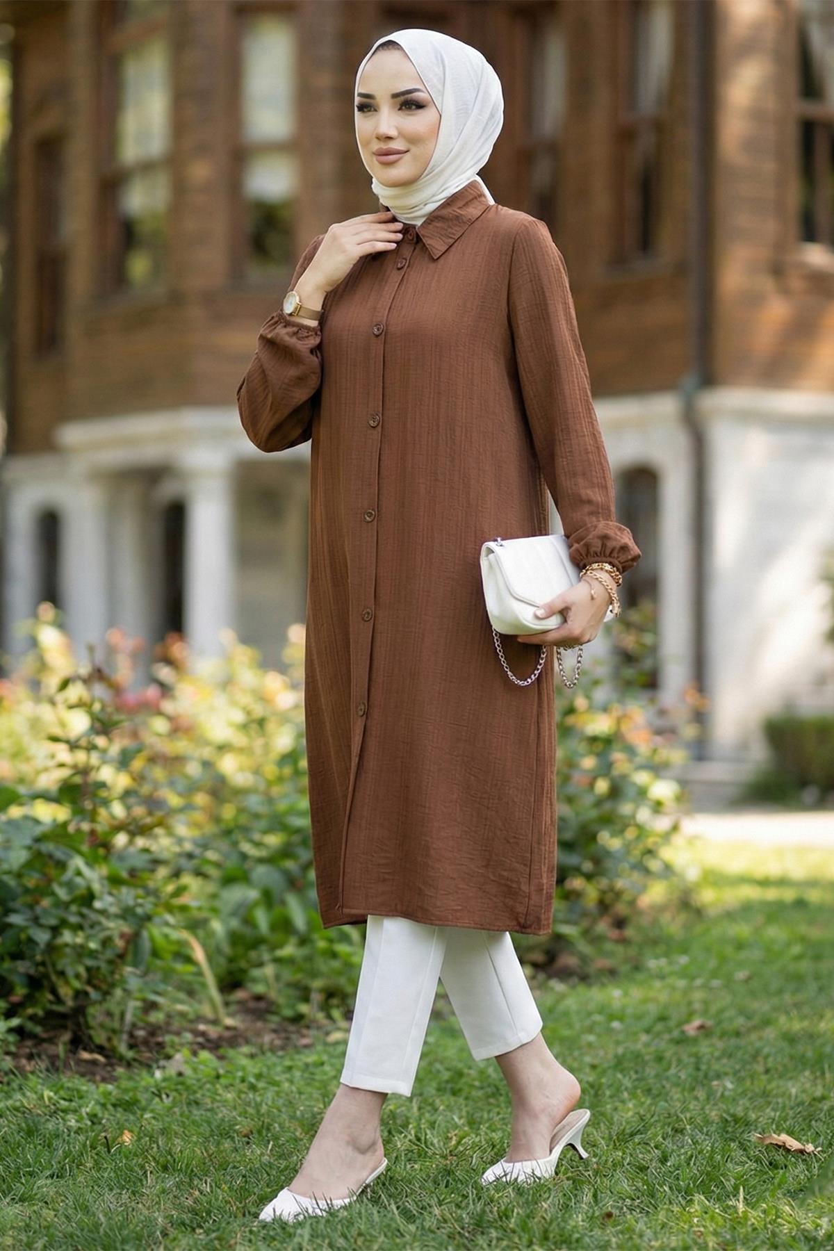 Uzun Düğmeli Tunik Kahverengi HM262109