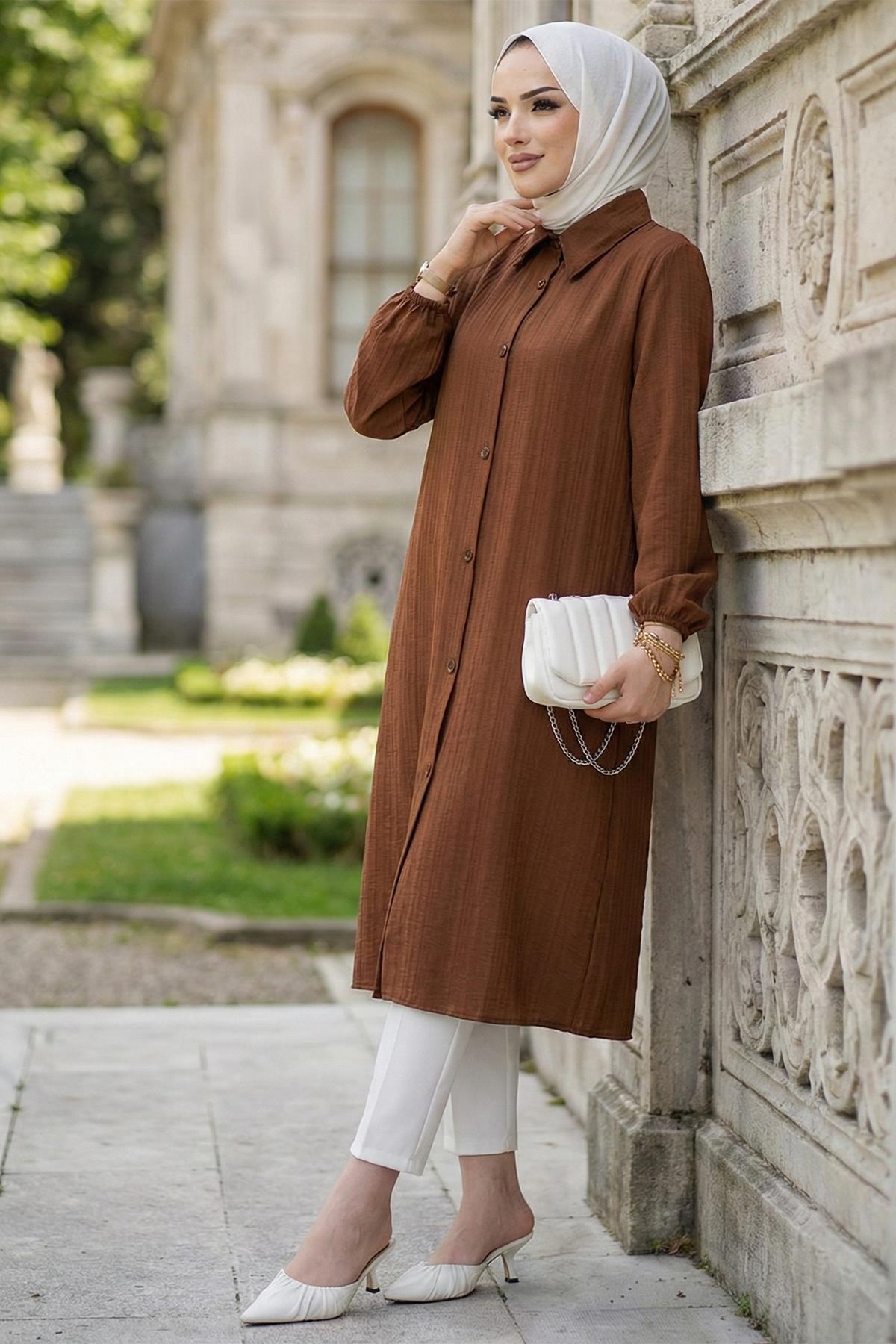 Uzun Düğmeli Tunik Kahverengi HM262109