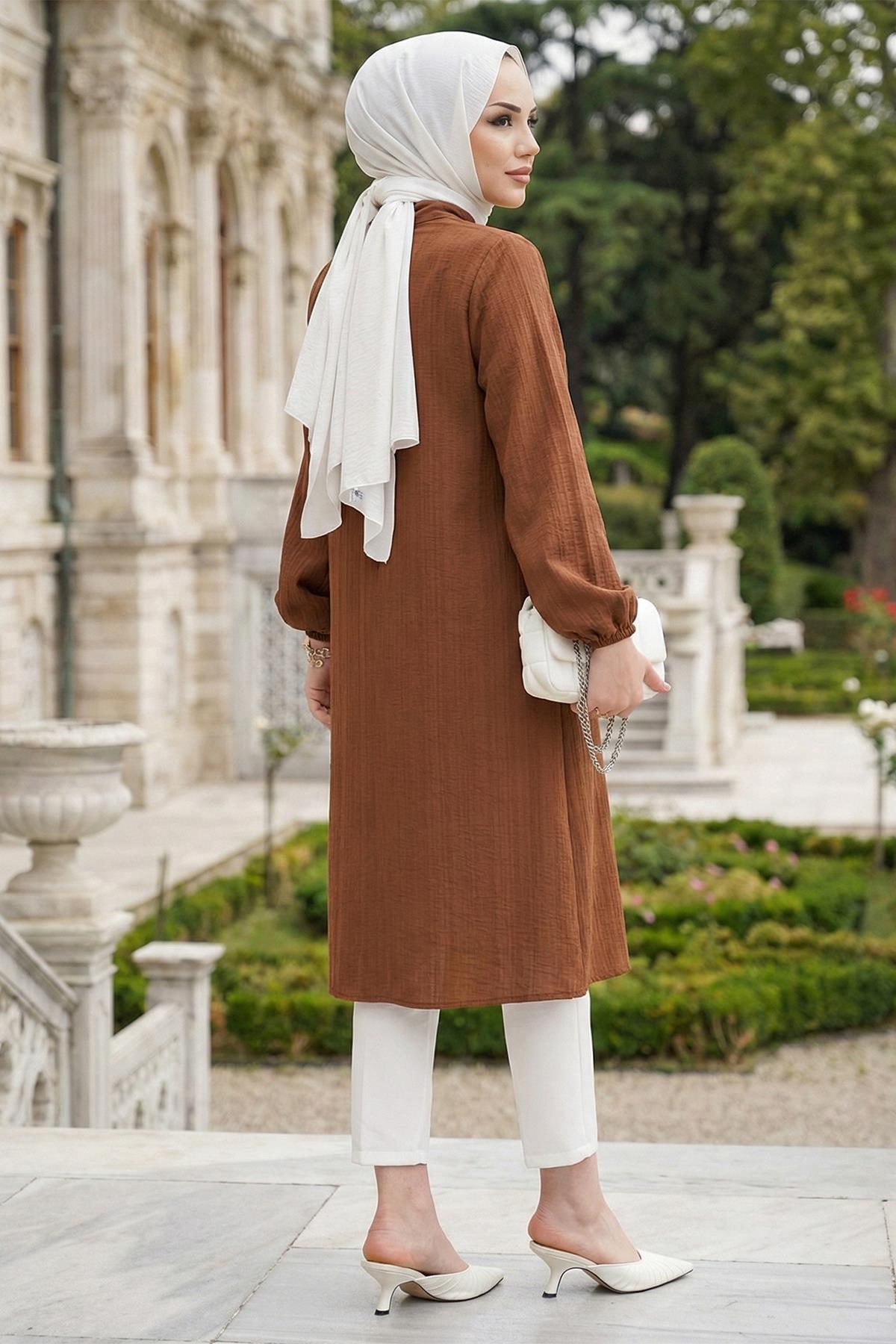 Uzun Düğmeli Tunik Kahverengi HM262109